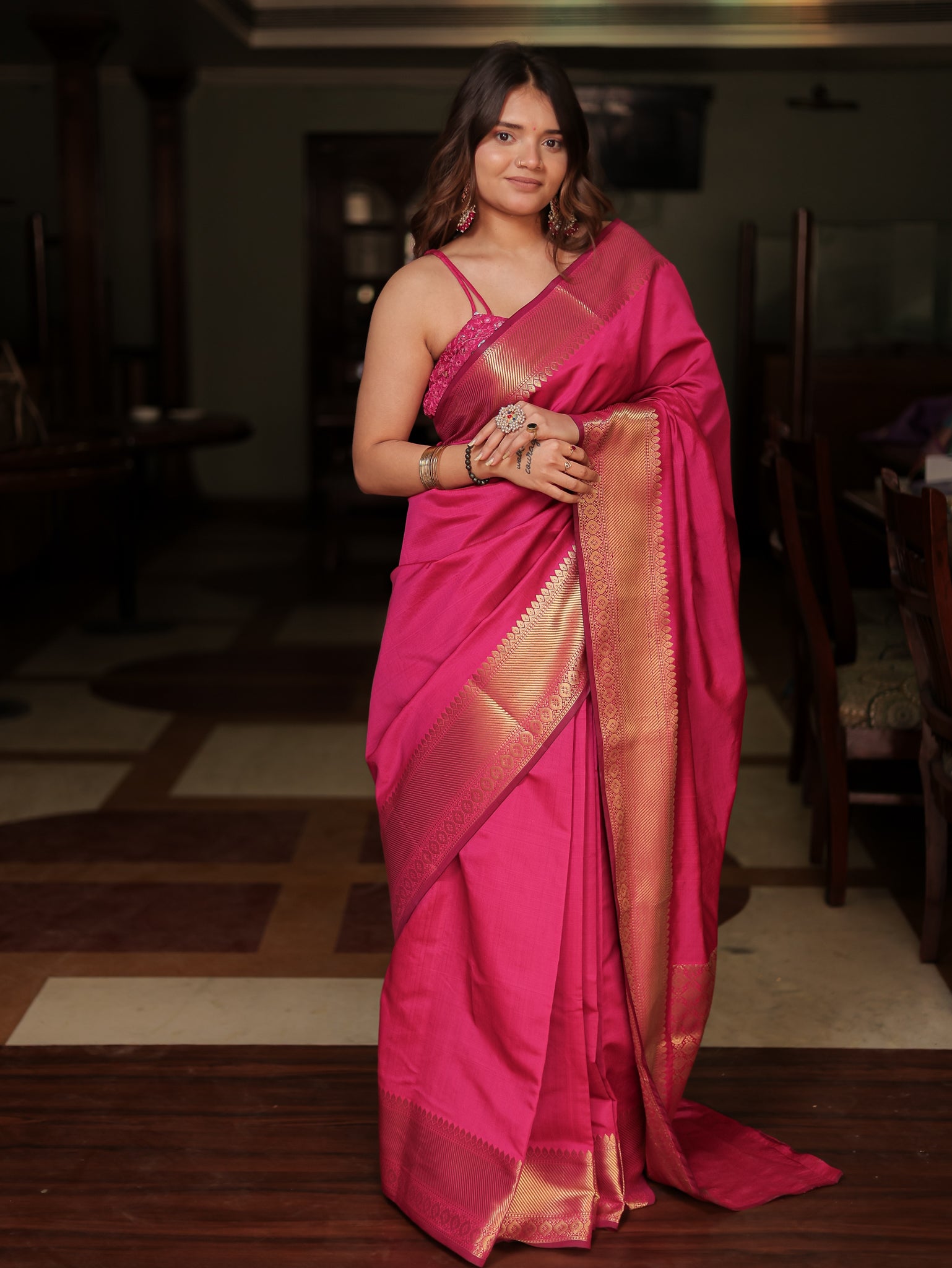 Banarasi Plain Cotton Silk Saree With Zari Border- Magenta