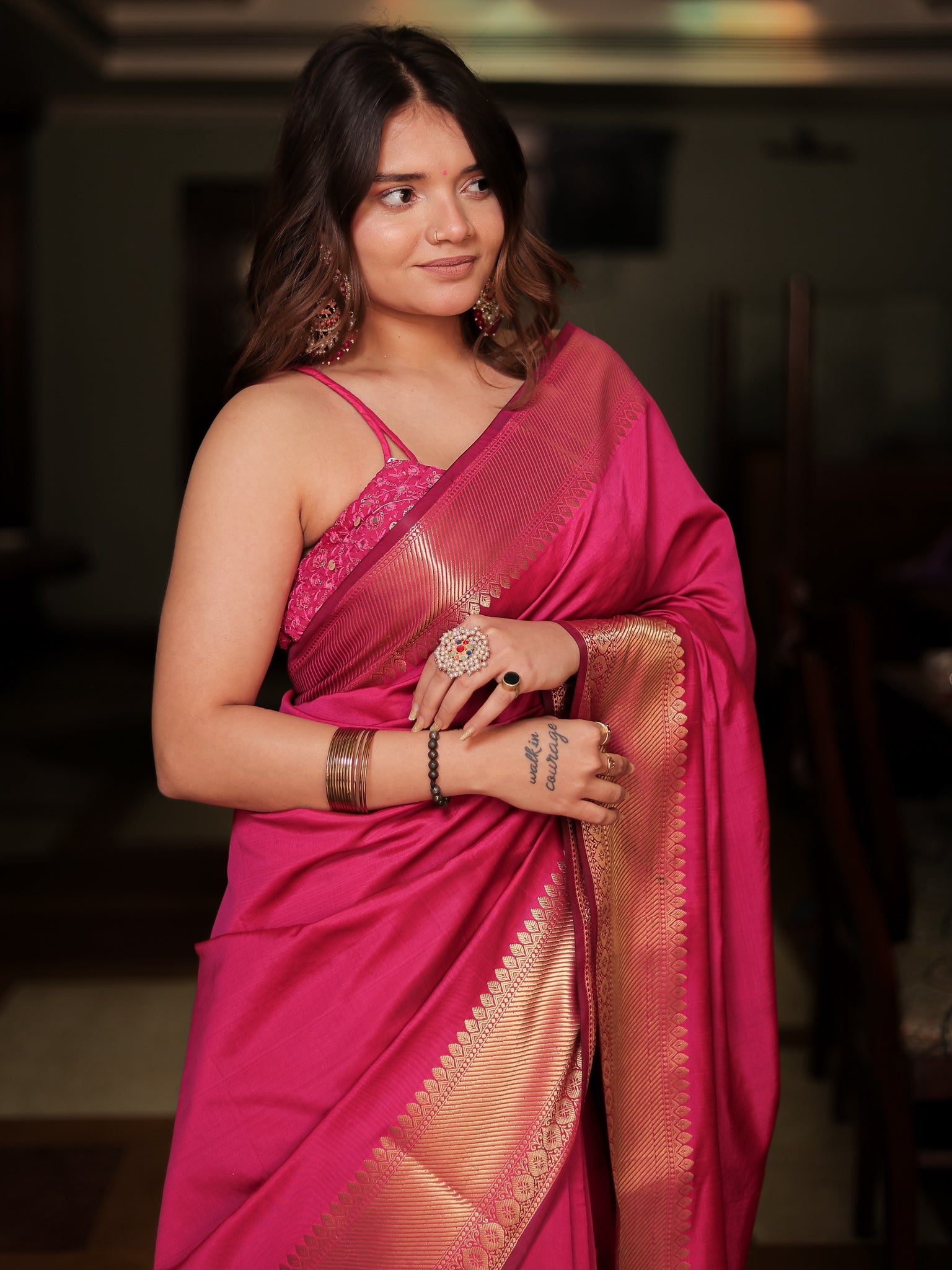 Banarasi Plain Cotton Silk Saree With Zari Border- Magenta