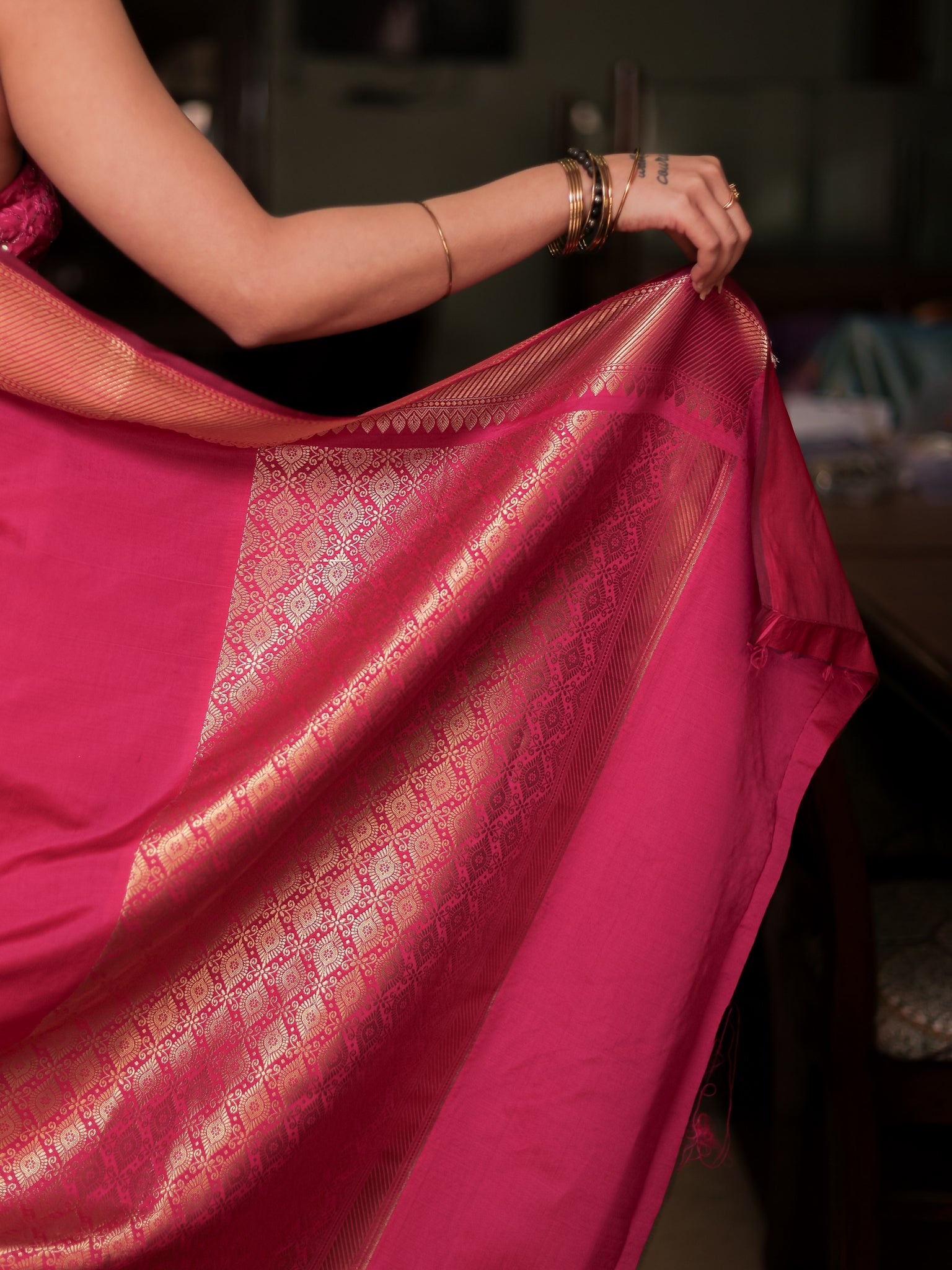 Banarasi Plain Cotton Silk Saree With Zari Border- Magenta