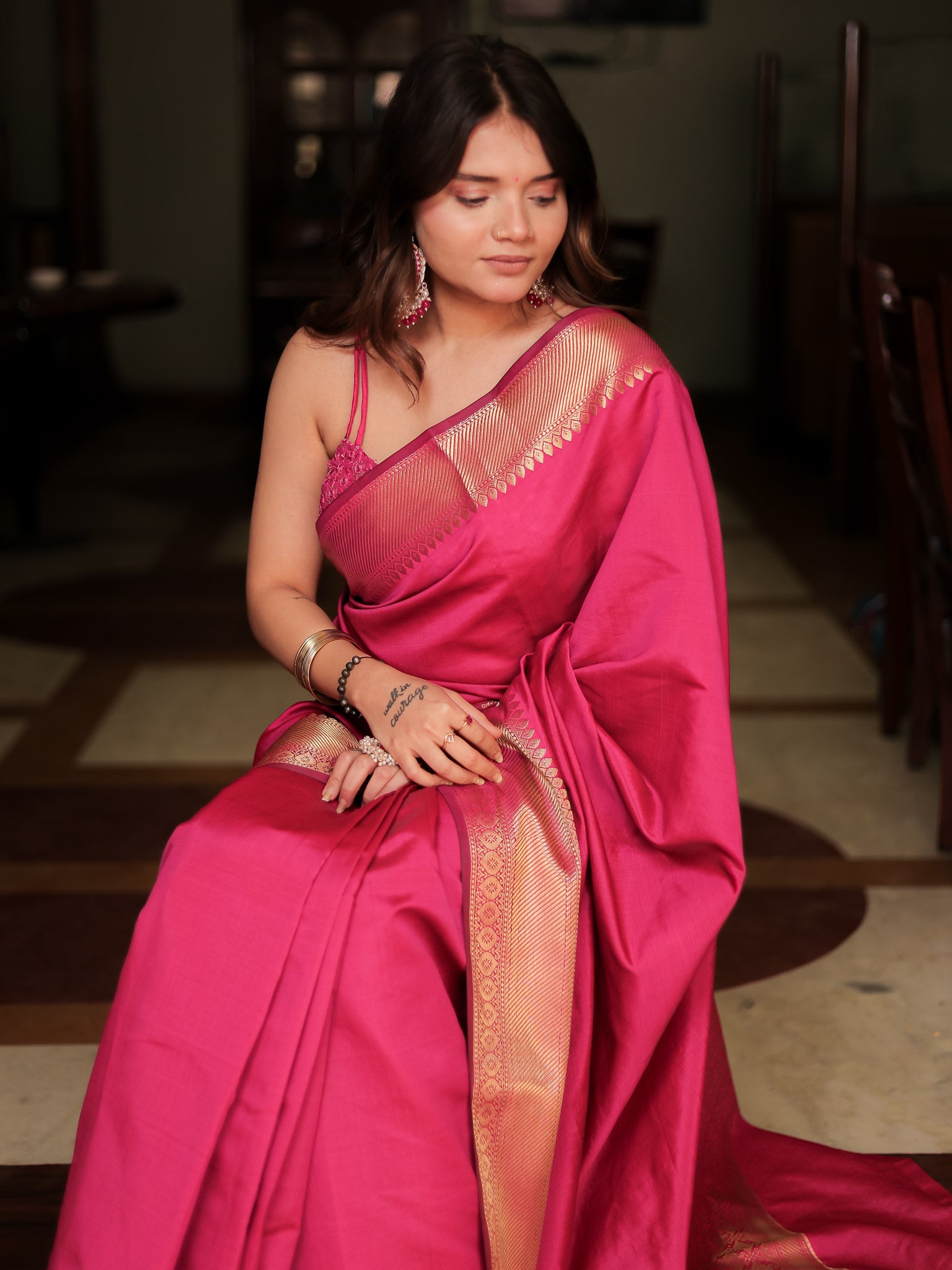 Banarasi Plain Cotton Silk Saree With Zari Border- Magenta