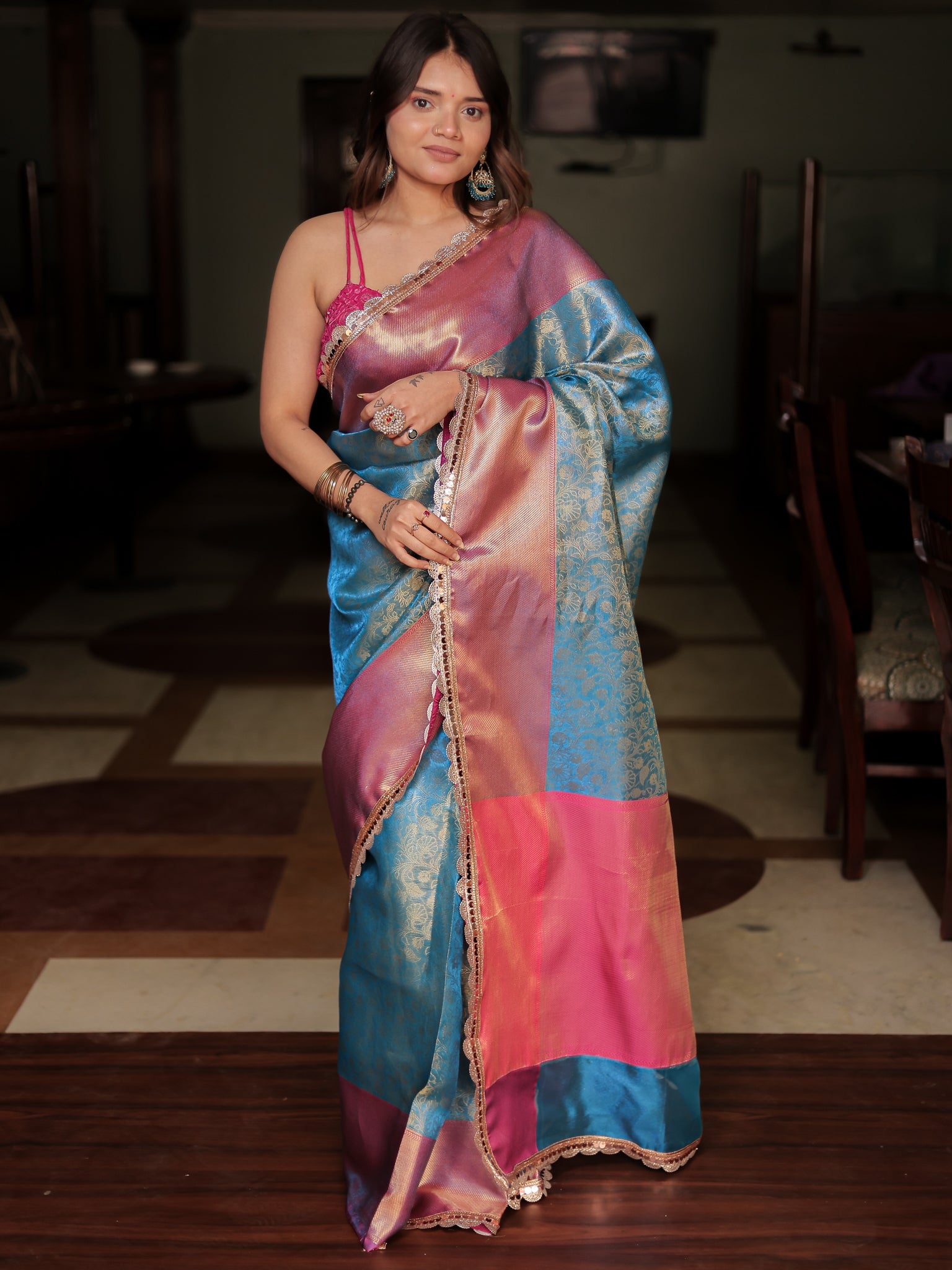 Blue Zari Banarasi Tissue Saree with Weaving & Lace Border