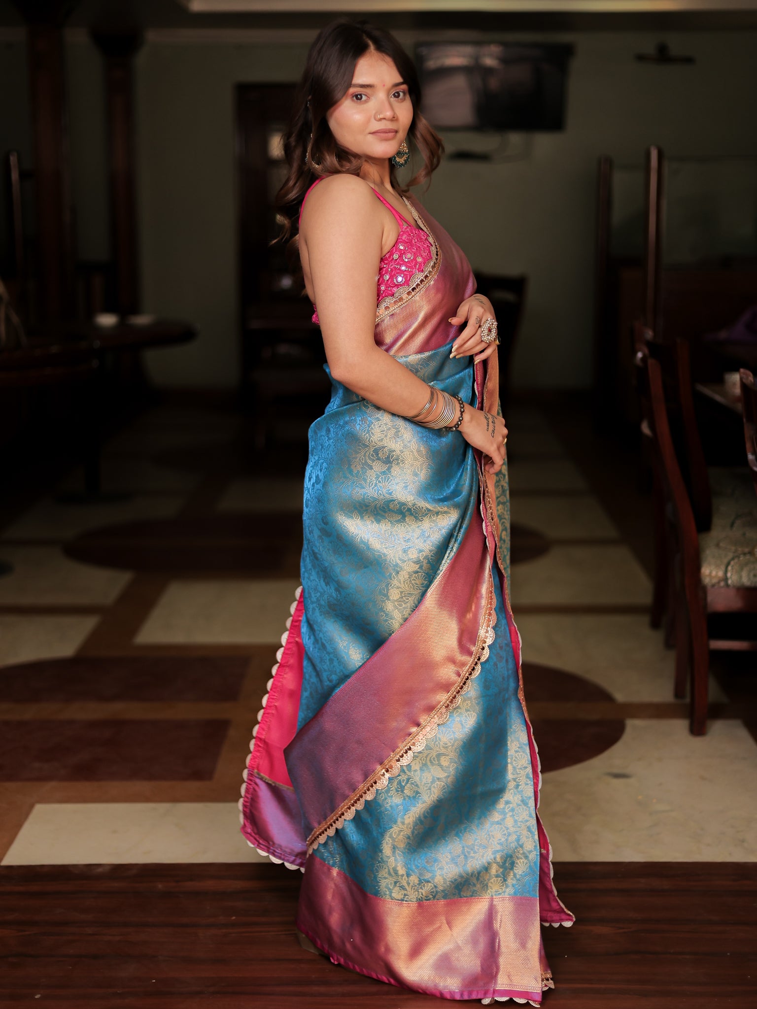 Blue Zari Banarasi Tissue Saree with Weaving & Lace Border