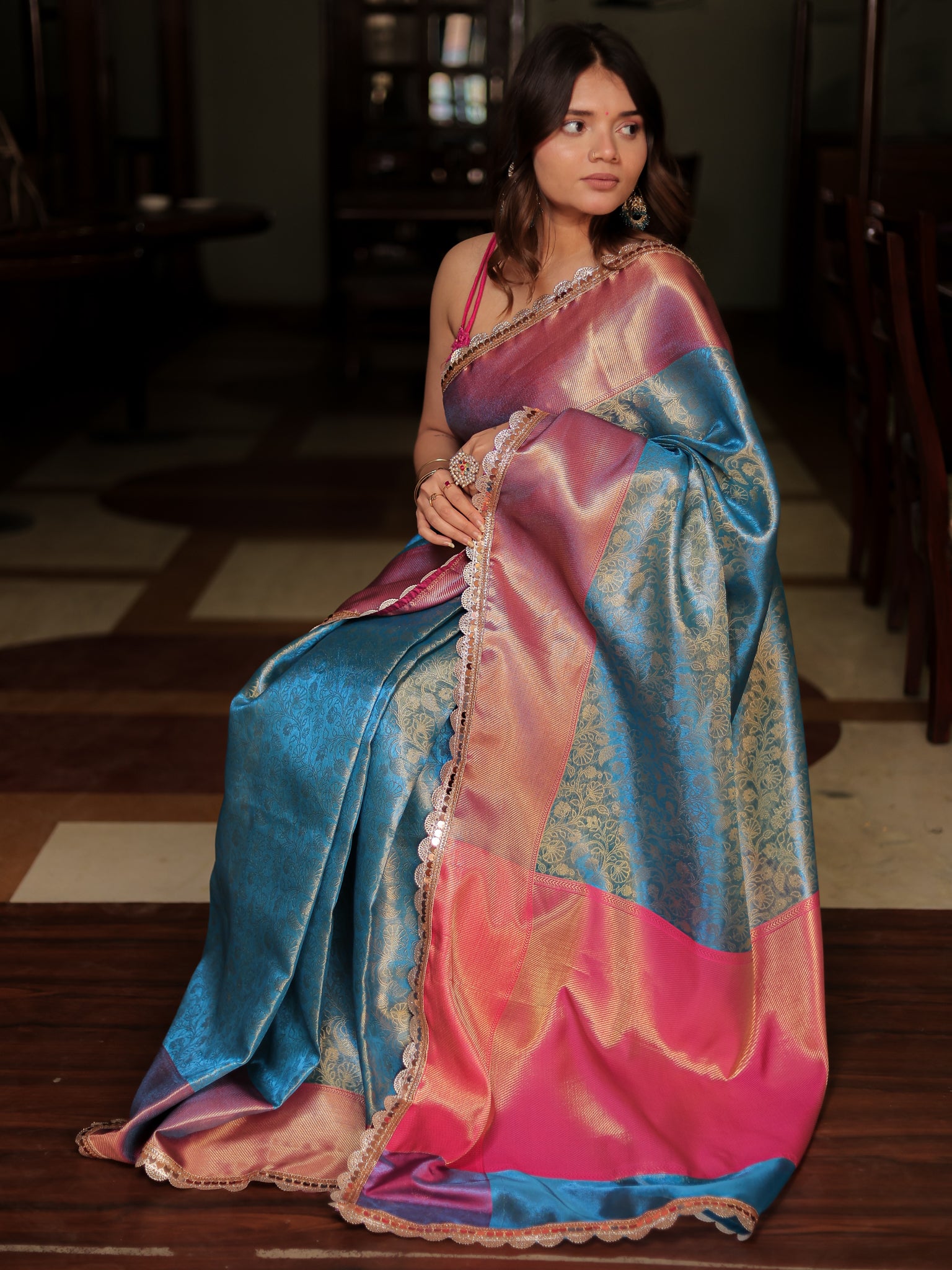 Blue Zari Banarasi Tissue Saree with Weaving & Lace Border