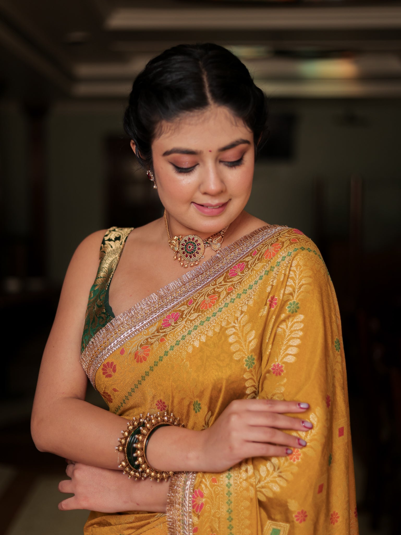 Banarasi Semi Silk Saree With Weaving & Lace Border- Yellow