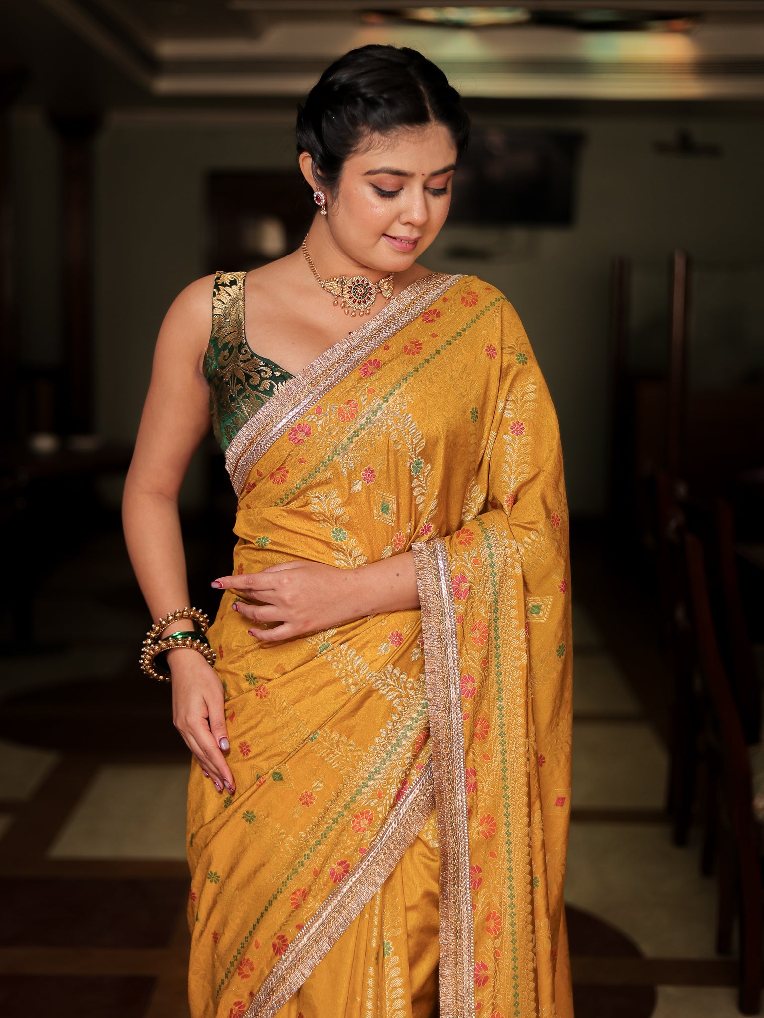 Banarasi Semi Silk Saree With Weaving & Lace Border- Yellow