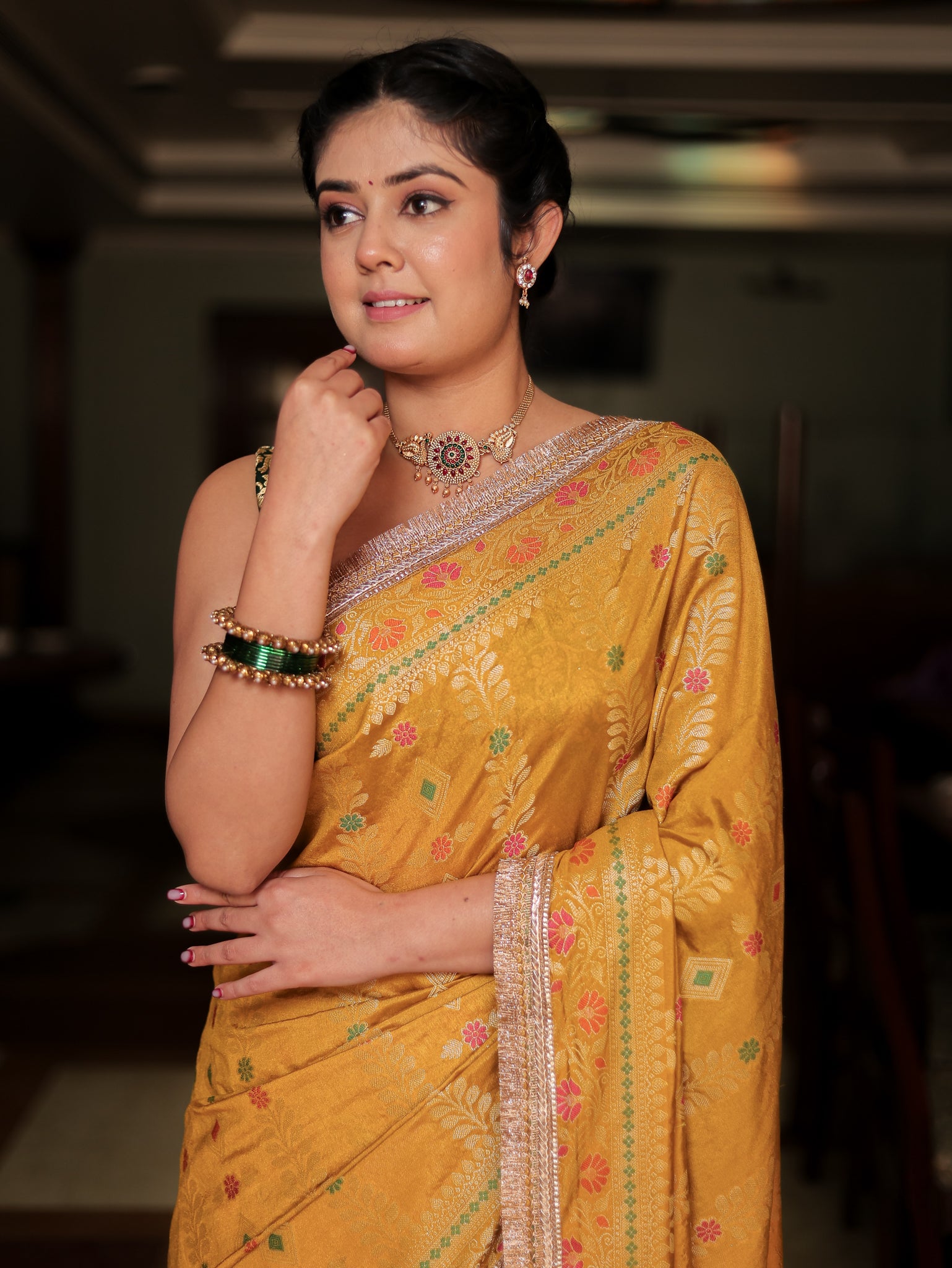 Banarasi Semi Silk Saree With Weaving & Lace Border- Yellow