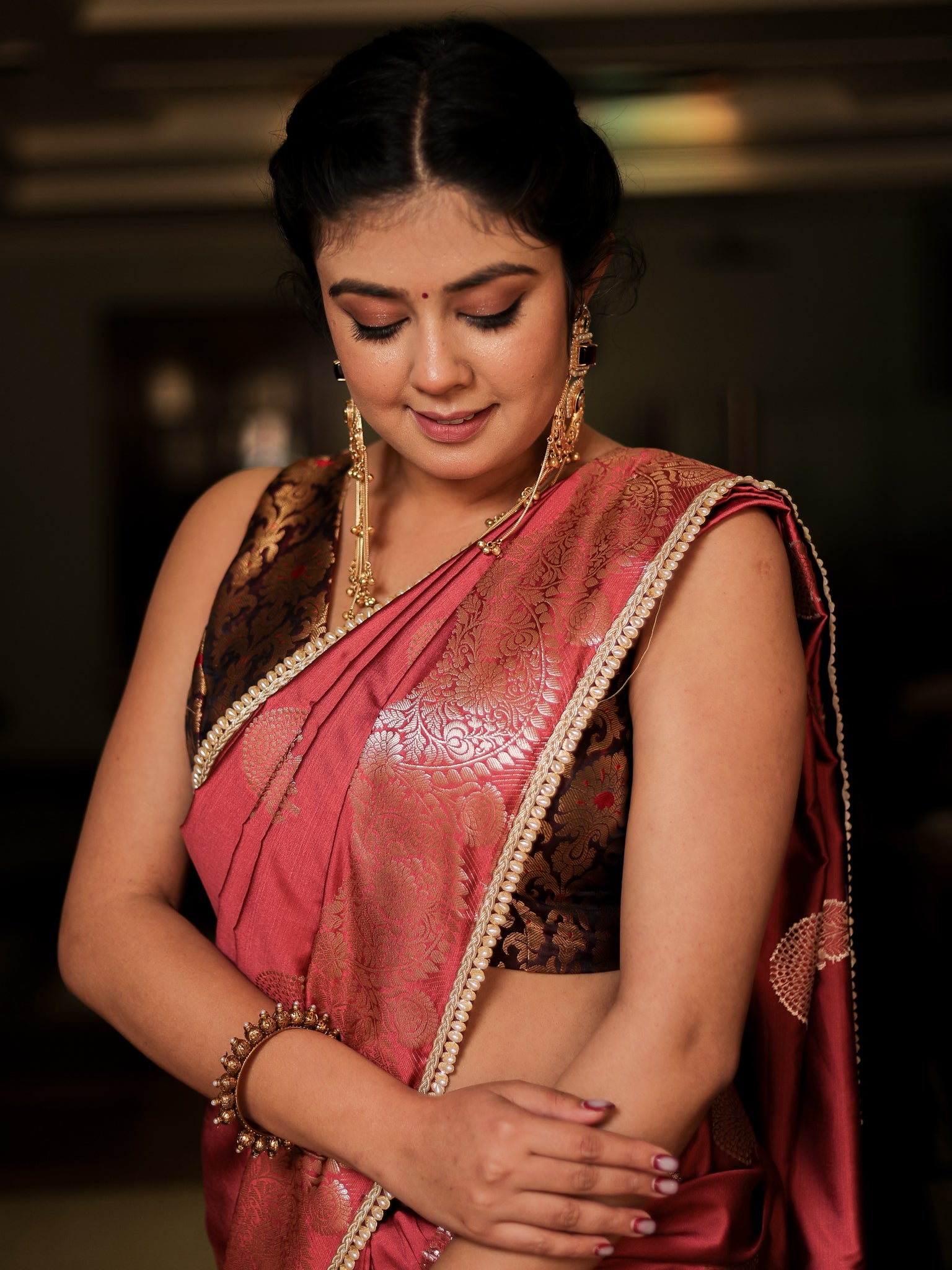 Banarasi Semi Silk Saree With Weaving & Lace Border- Pink