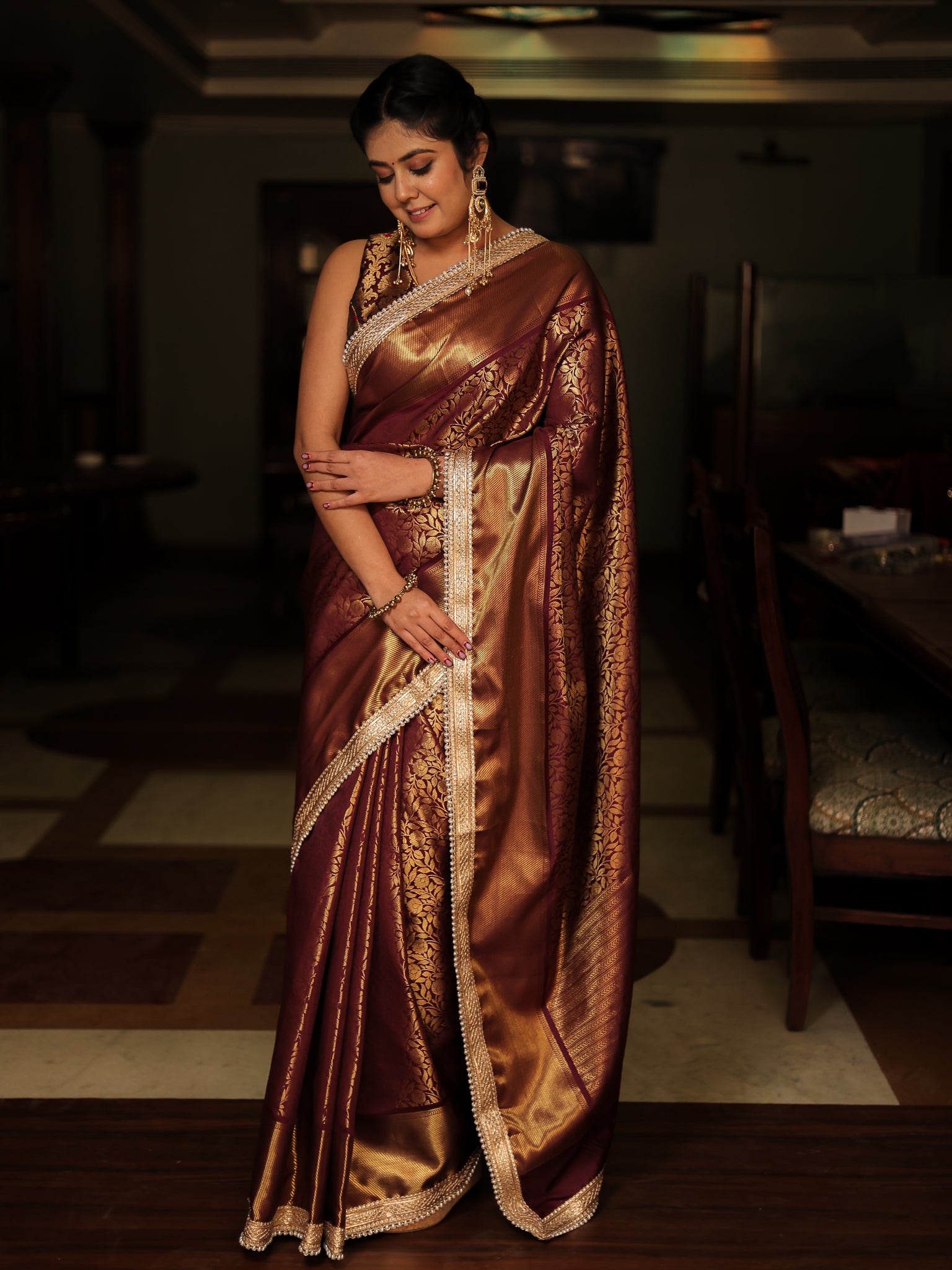 Brown Zari Banarasi Tissue Saree with Weaving & Lace Border