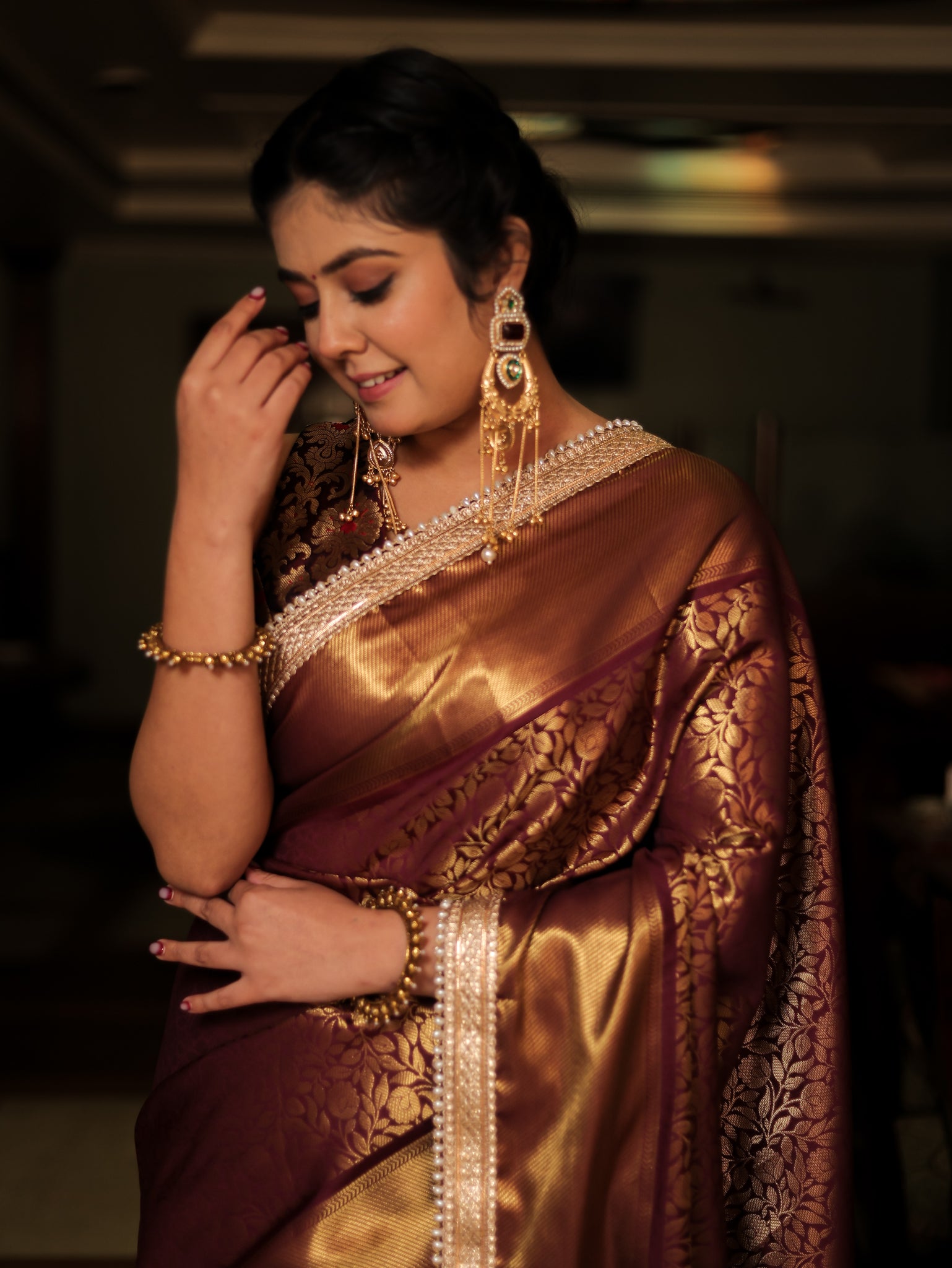 Brown Zari Banarasi Tissue Saree with Weaving & Lace Border