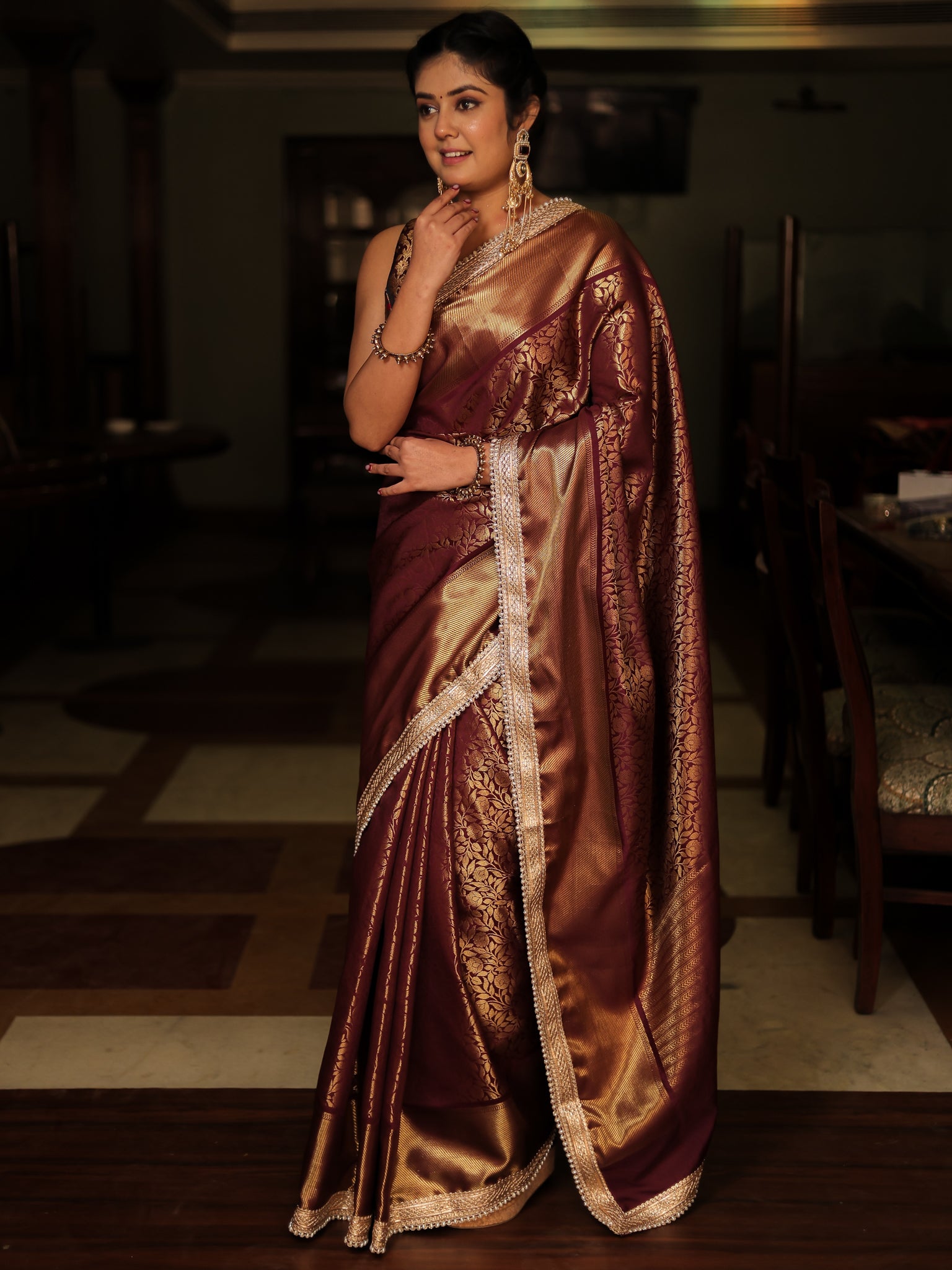 Brown Zari Banarasi Tissue Saree with Weaving & Lace Border