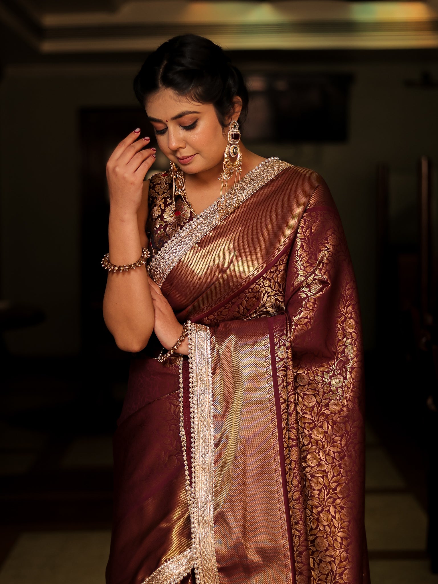 Brown Zari Banarasi Tissue Saree with Weaving & Lace Border