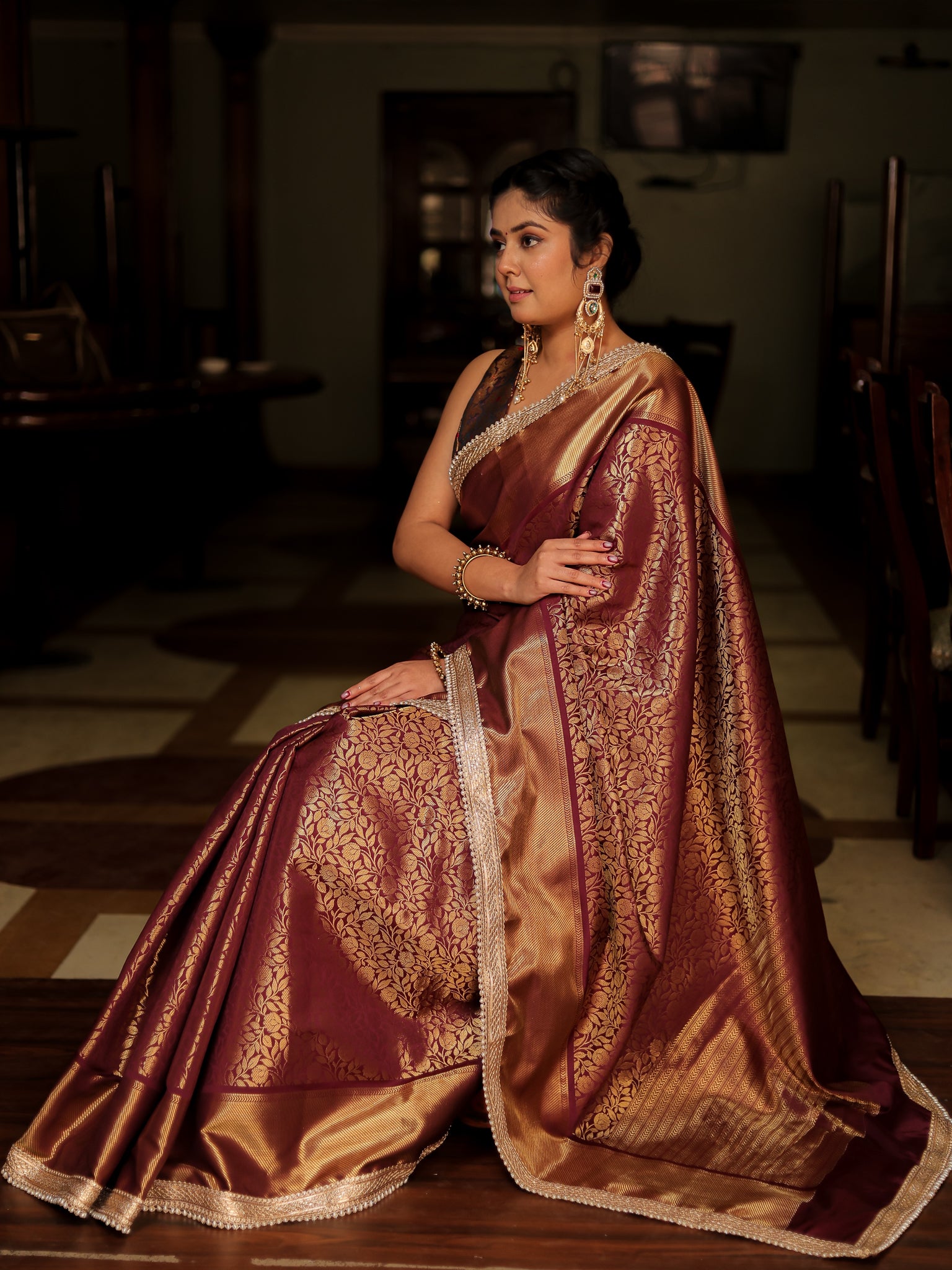 Brown Zari Banarasi Tissue Saree with Weaving & Lace Border