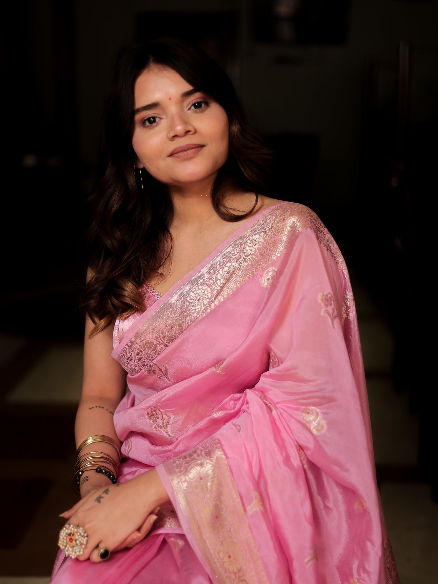 Banarasi Soft Cotton Saree with Floral Weaving & Border- Pink