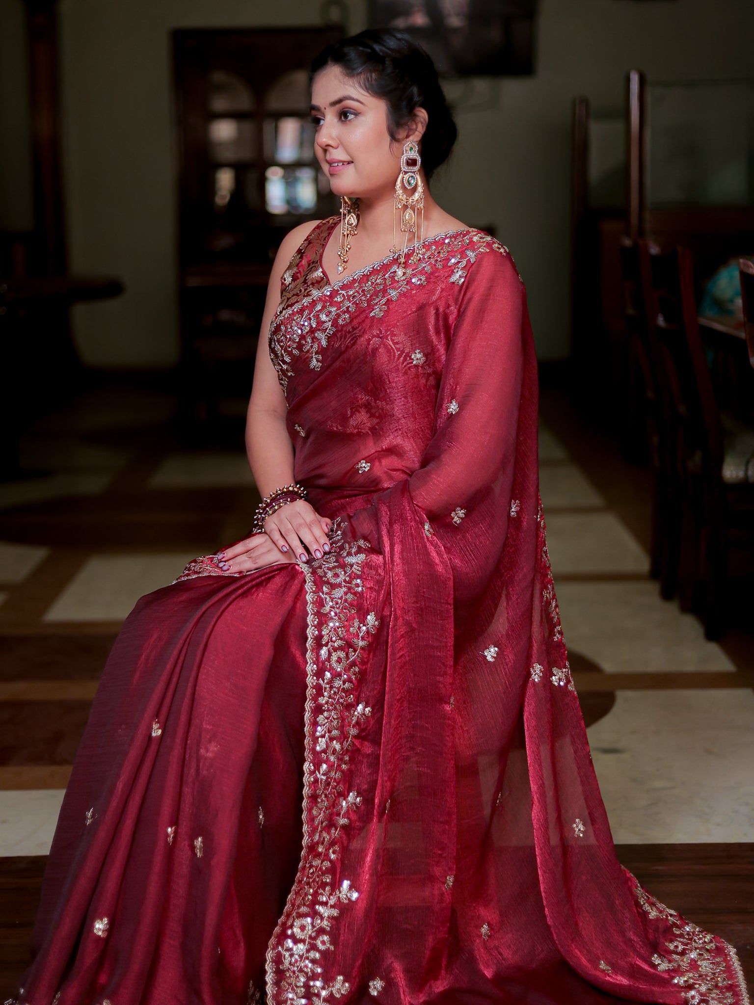 Red Embroidered Tissue Banarasi Cocktail Saree with Lace Border