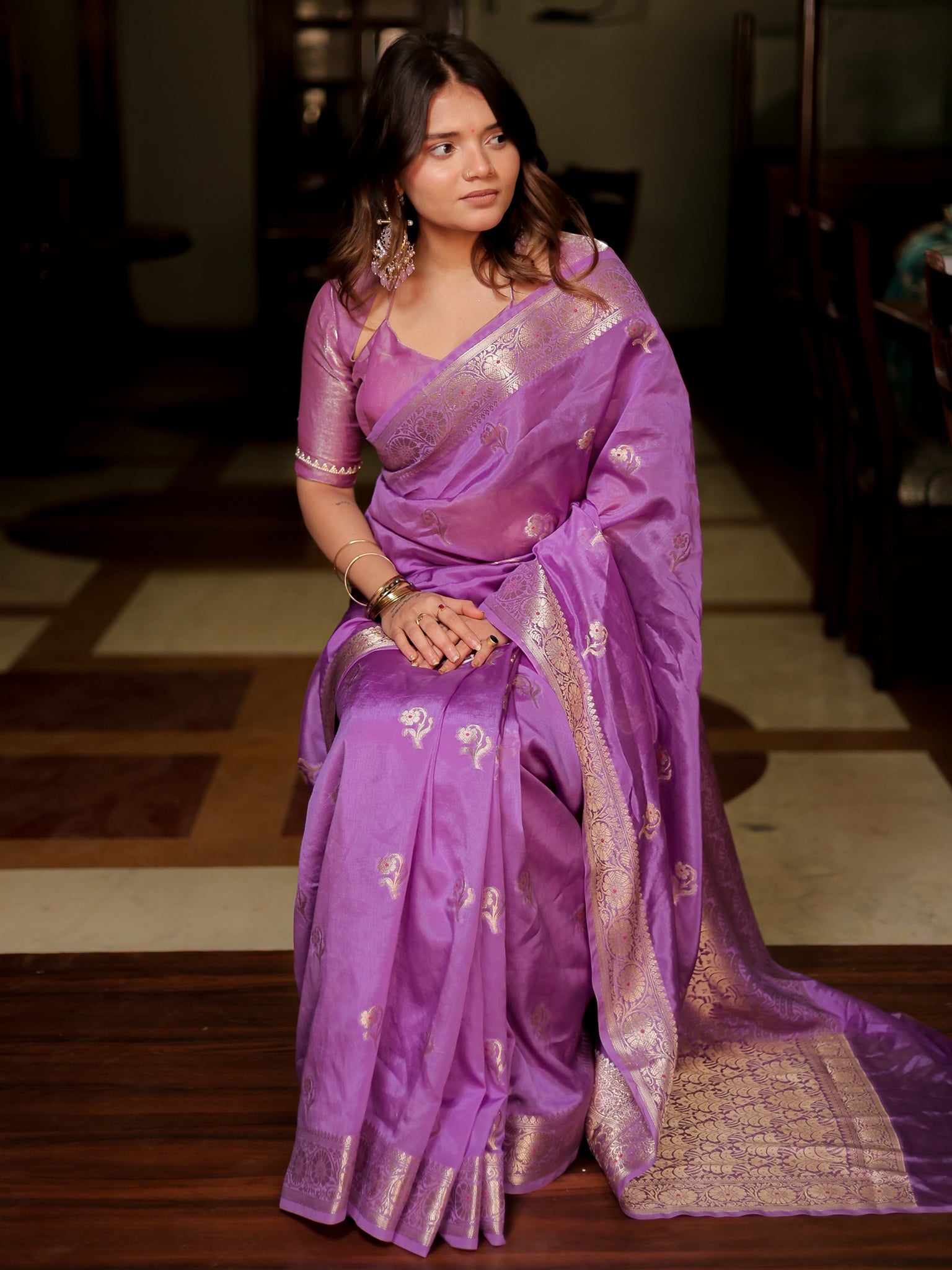 Banarasi Soft Cotton Saree with Floral Weaving & Border- Lavender