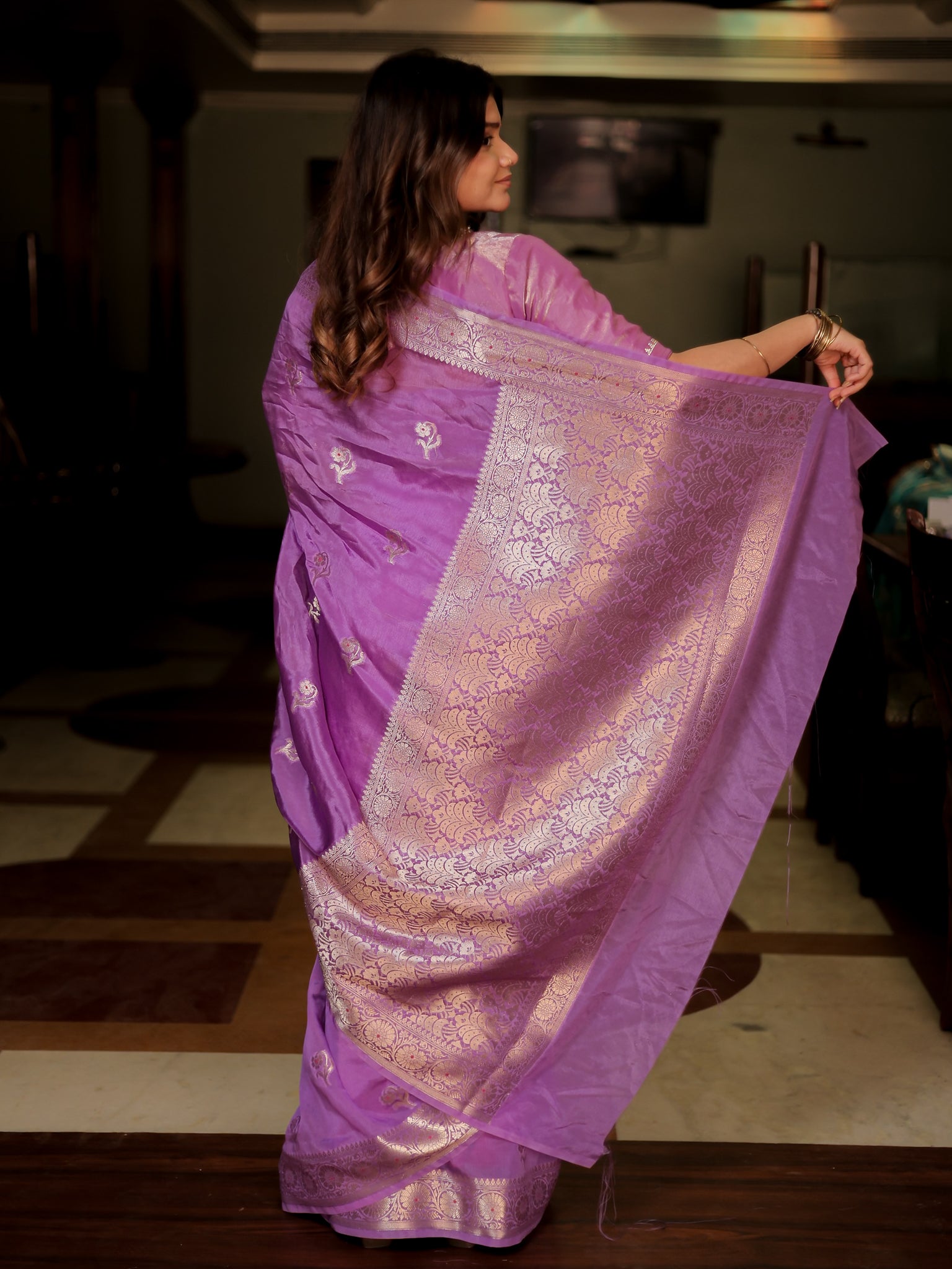 Banarasi Soft Cotton Saree with Floral Weaving & Border- Lavender
