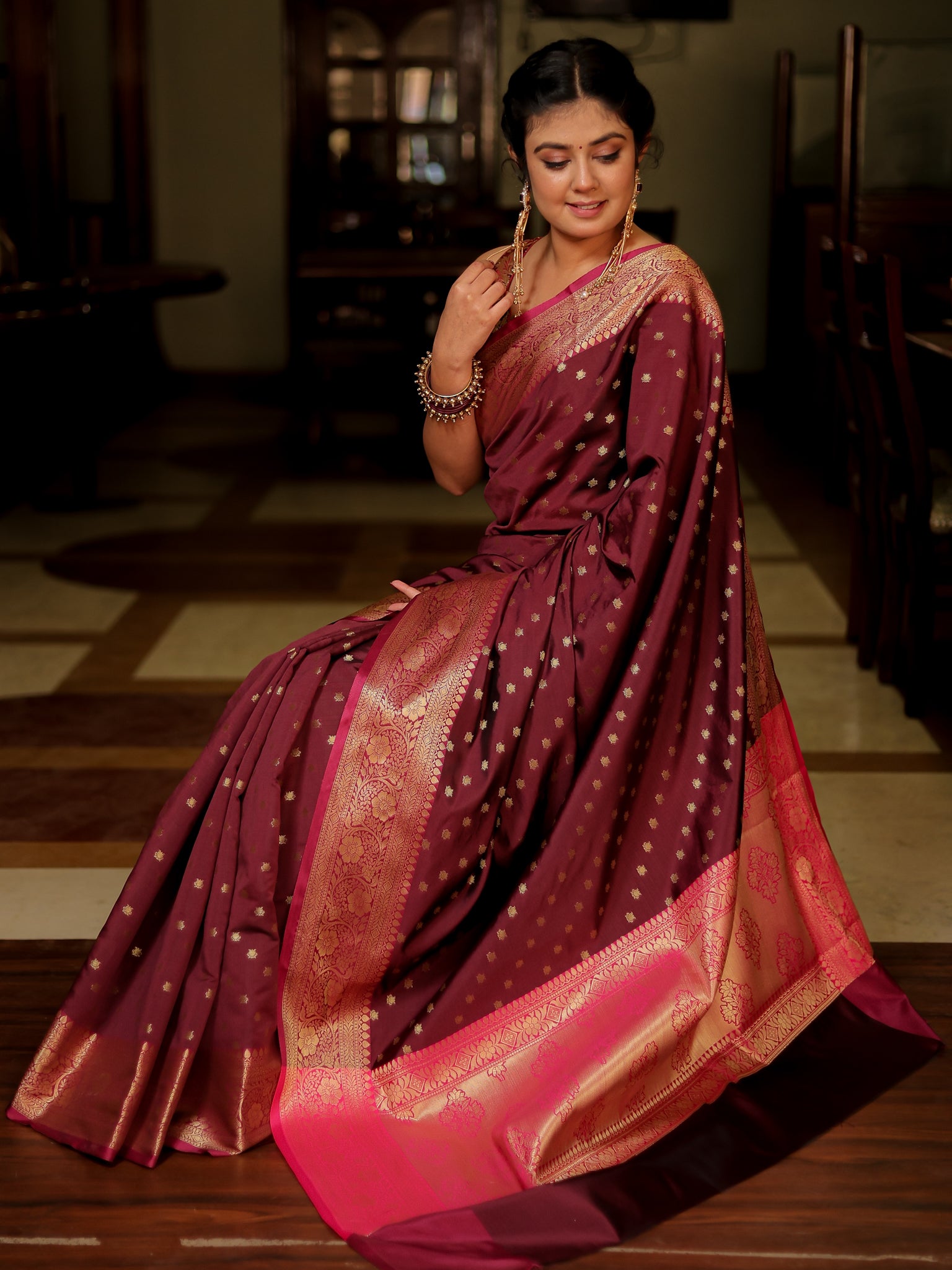 Banarasi Semi Silk Saree With Zari Buti Weaving & Border - Purple