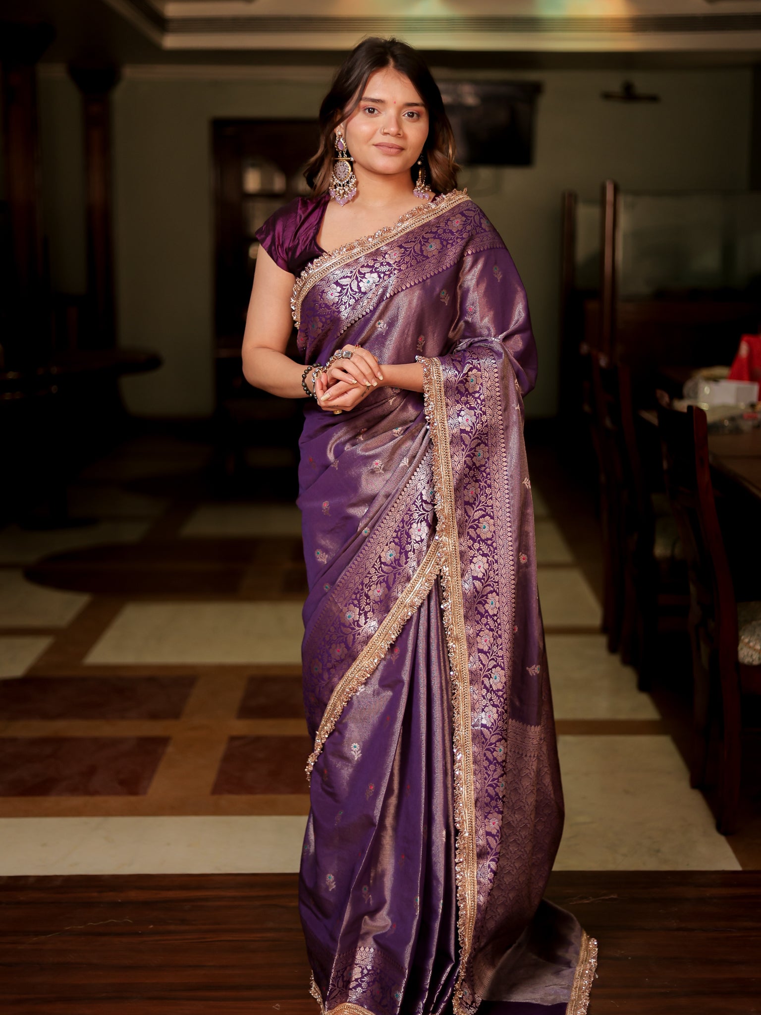 Banarasi Tissue Saree With Buti & Lace Border - Purple