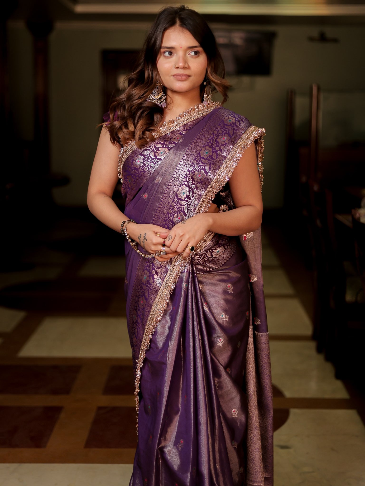 Banarasi Tissue Saree With Buti & Lace Border - Purple