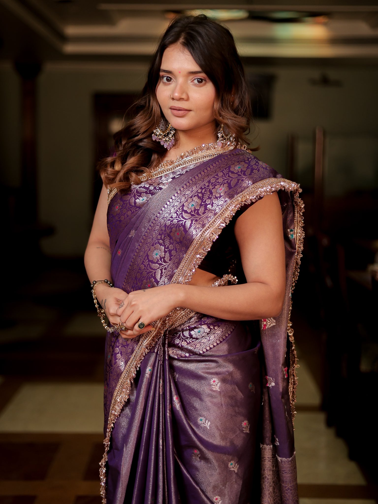 Banarasi Tissue Saree With Buti & Lace Border - Purple