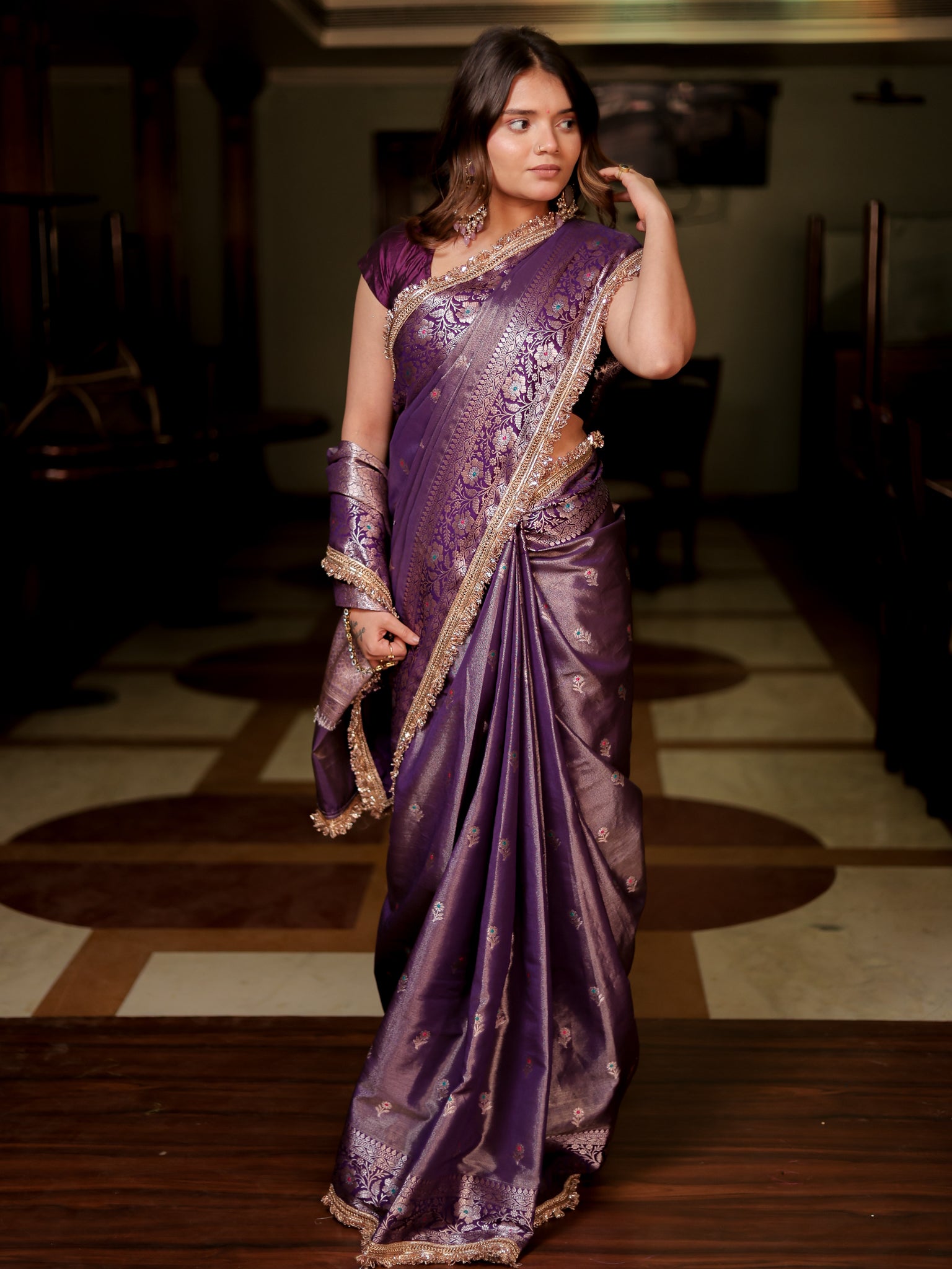 Banarasi Tissue Saree With Buti & Lace Border - Purple