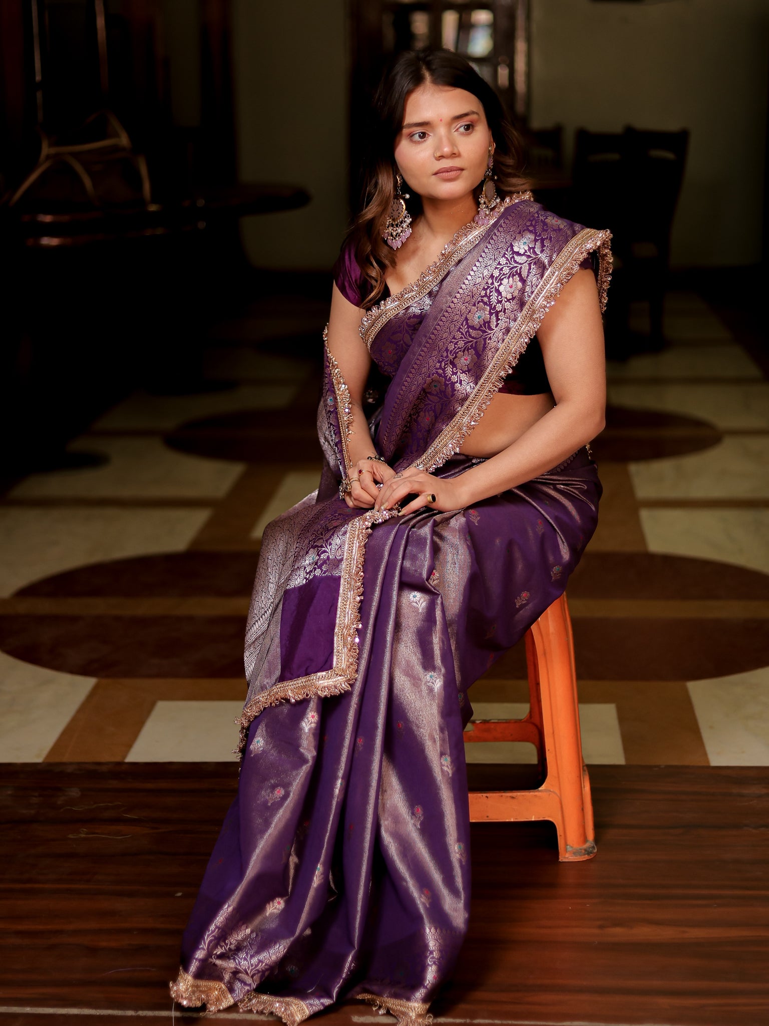 Banarasi Tissue Saree With Buti & Lace Border - Purple