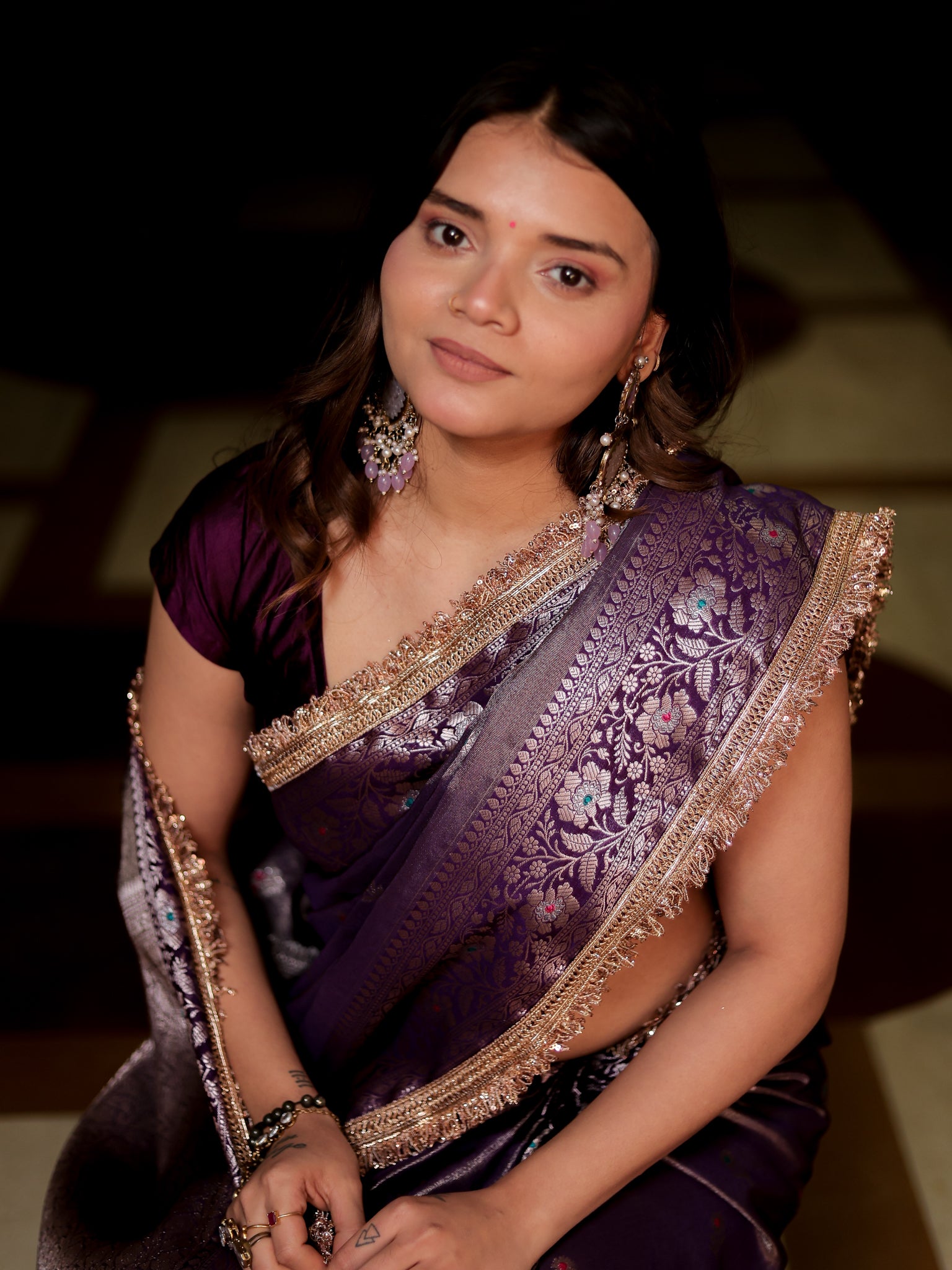 Banarasi Tissue Saree With Buti & Lace Border - Purple