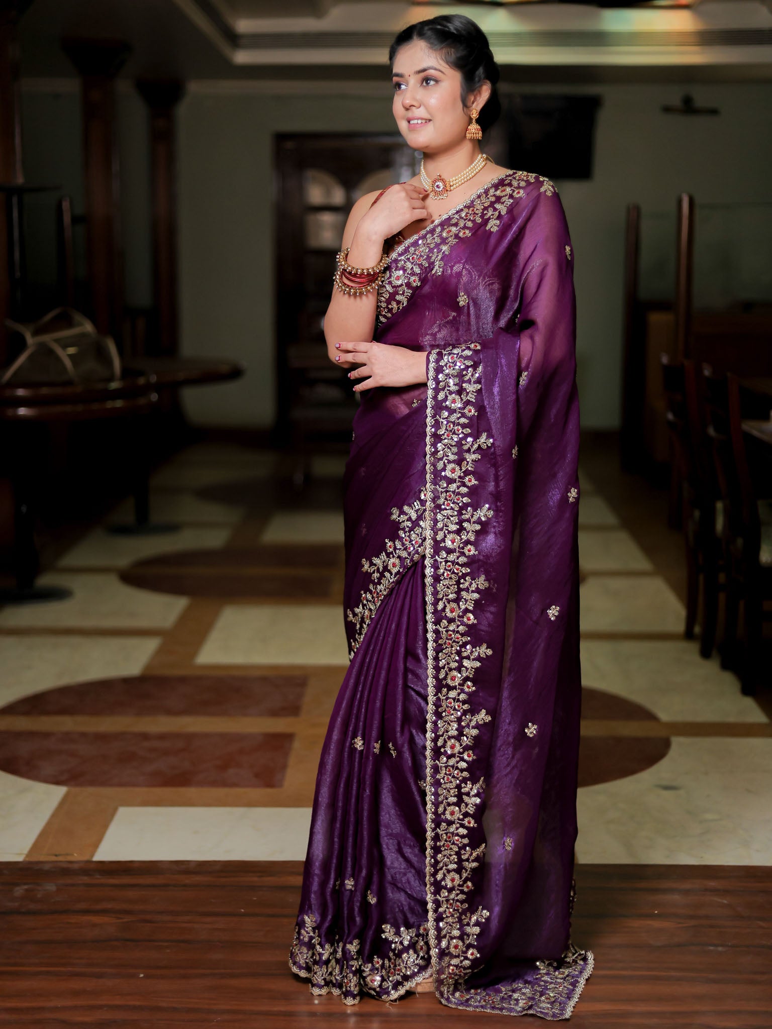 Purple Embroidered Tissue Banarasi Cocktail Saree with Lace Border