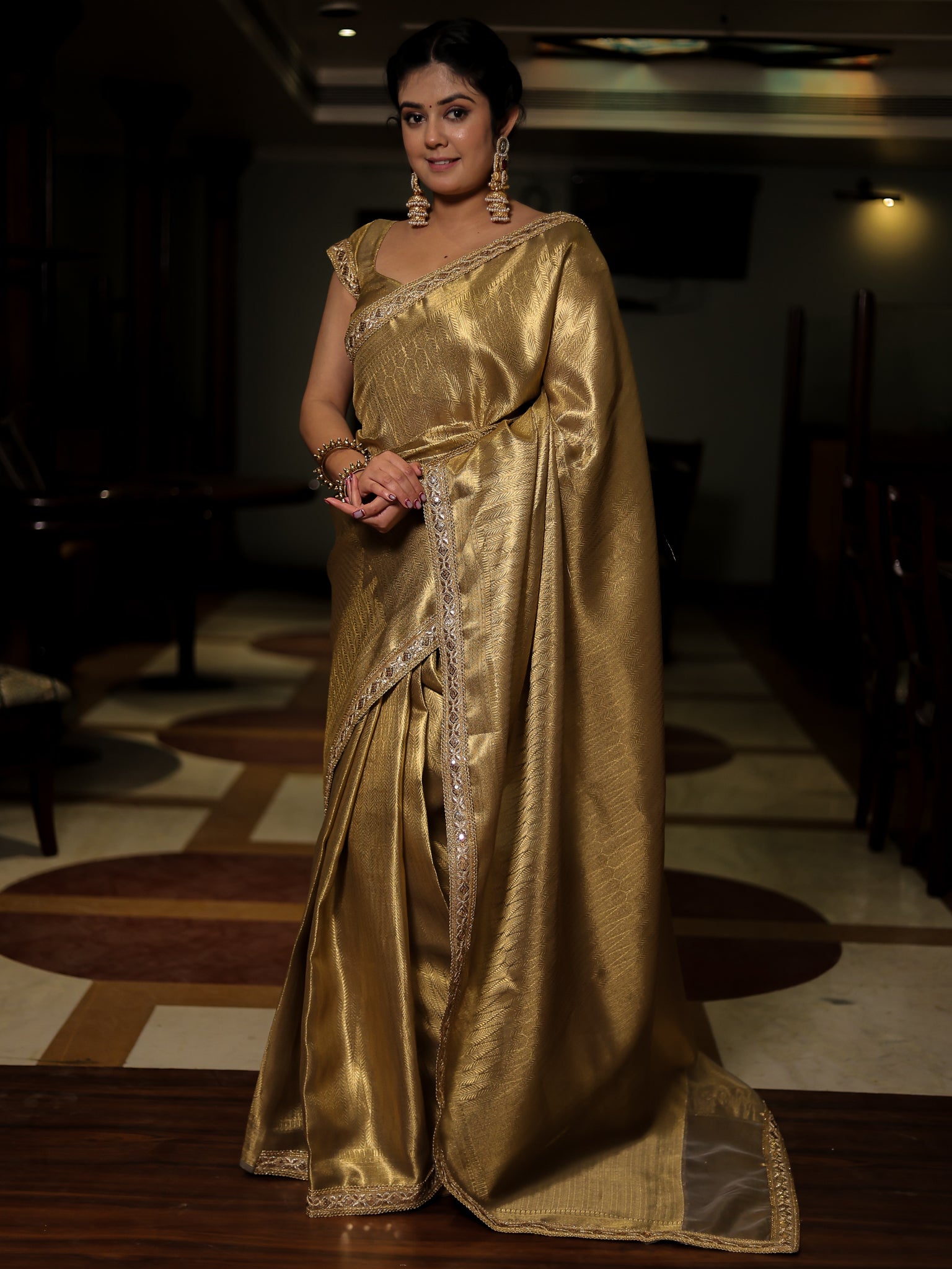 Gold Zari Tanchoi Banarasi Semi Silk Saree with Lace Border