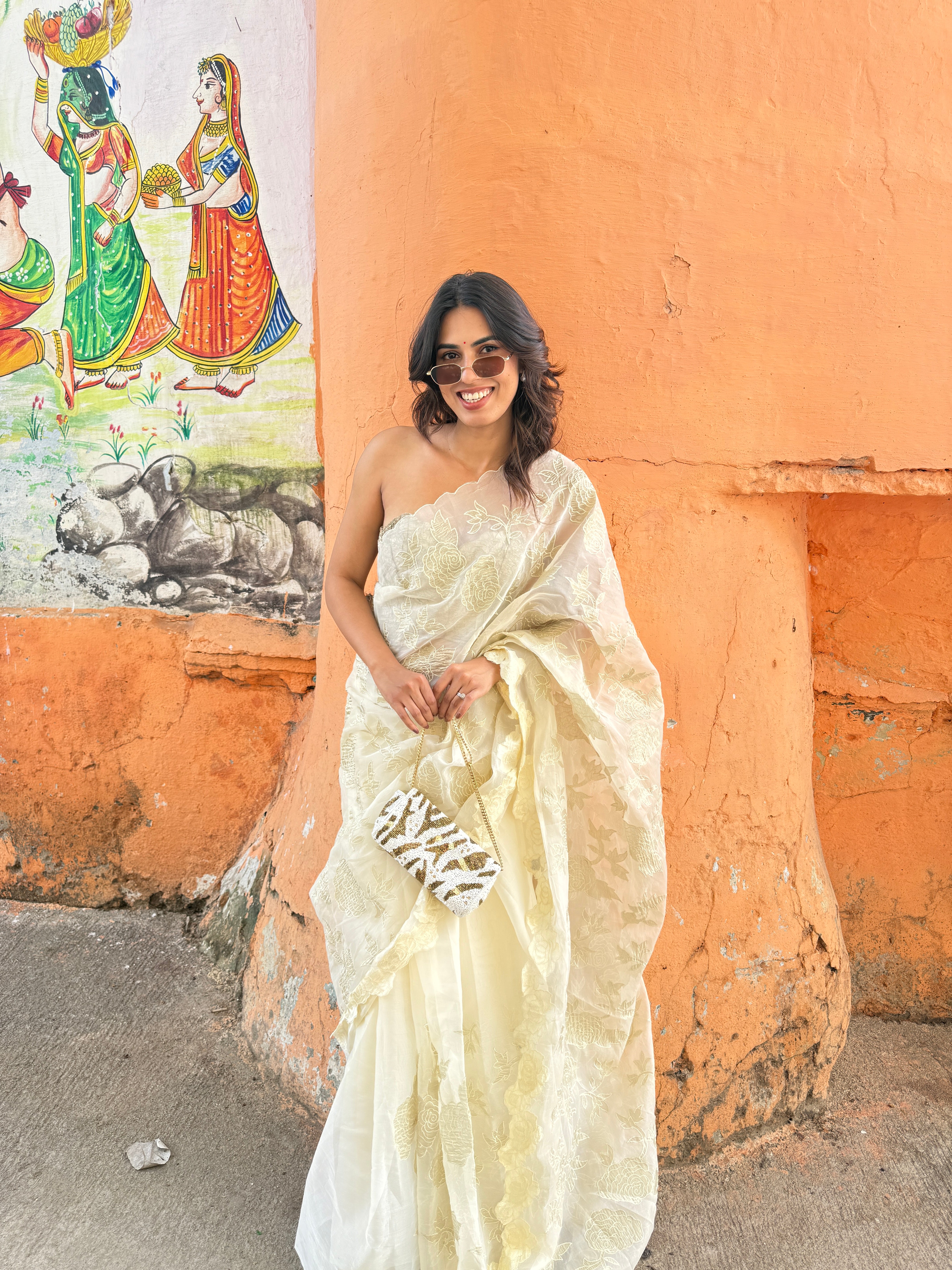 Banarasi Pure Organza Saree With Floral Cutwork & Hand Embroidery-Off White