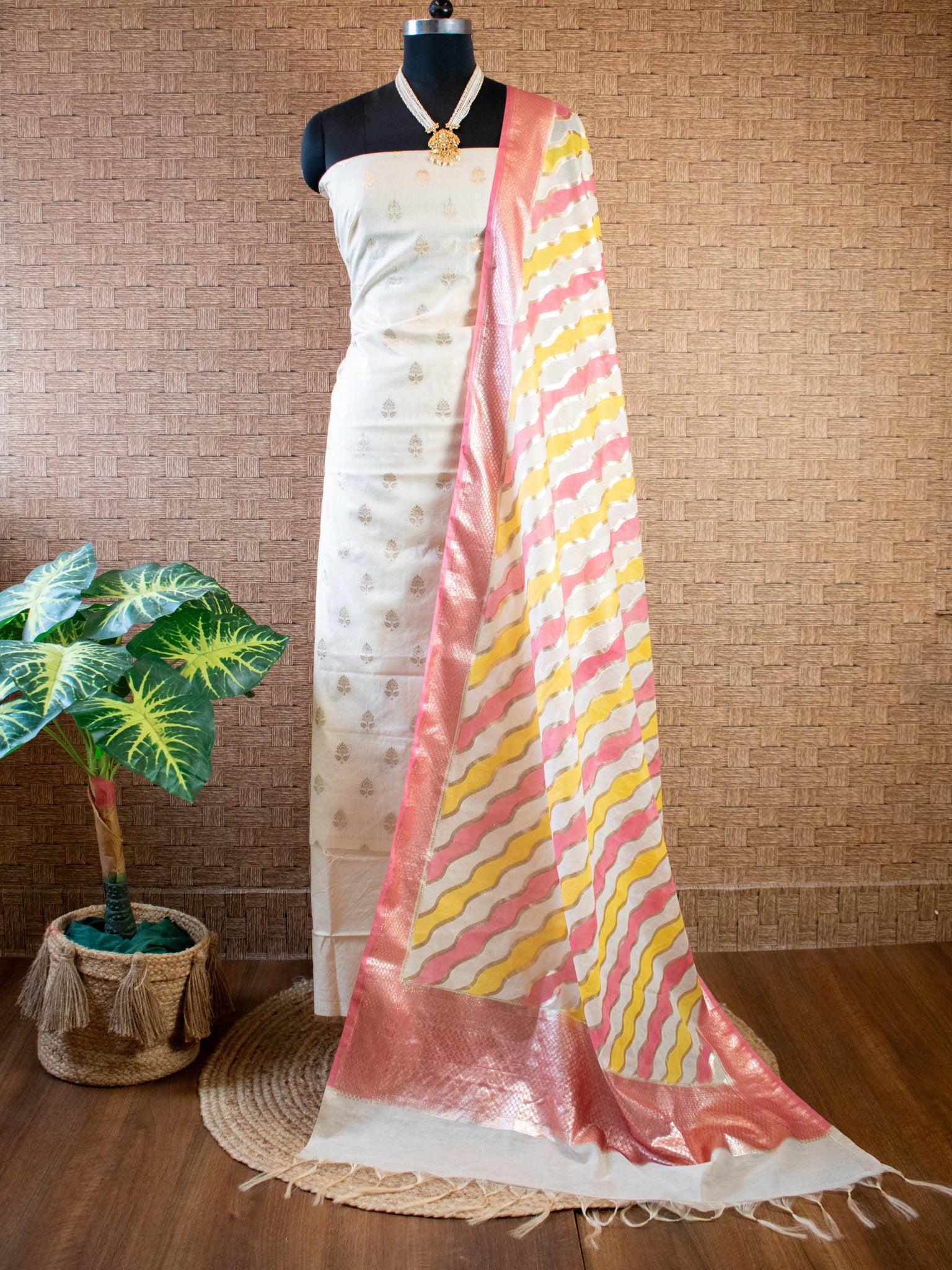Banarasi Cotton Silk Salwar Kameez Material With Silver Zari Weaving & Dupatta-Cream