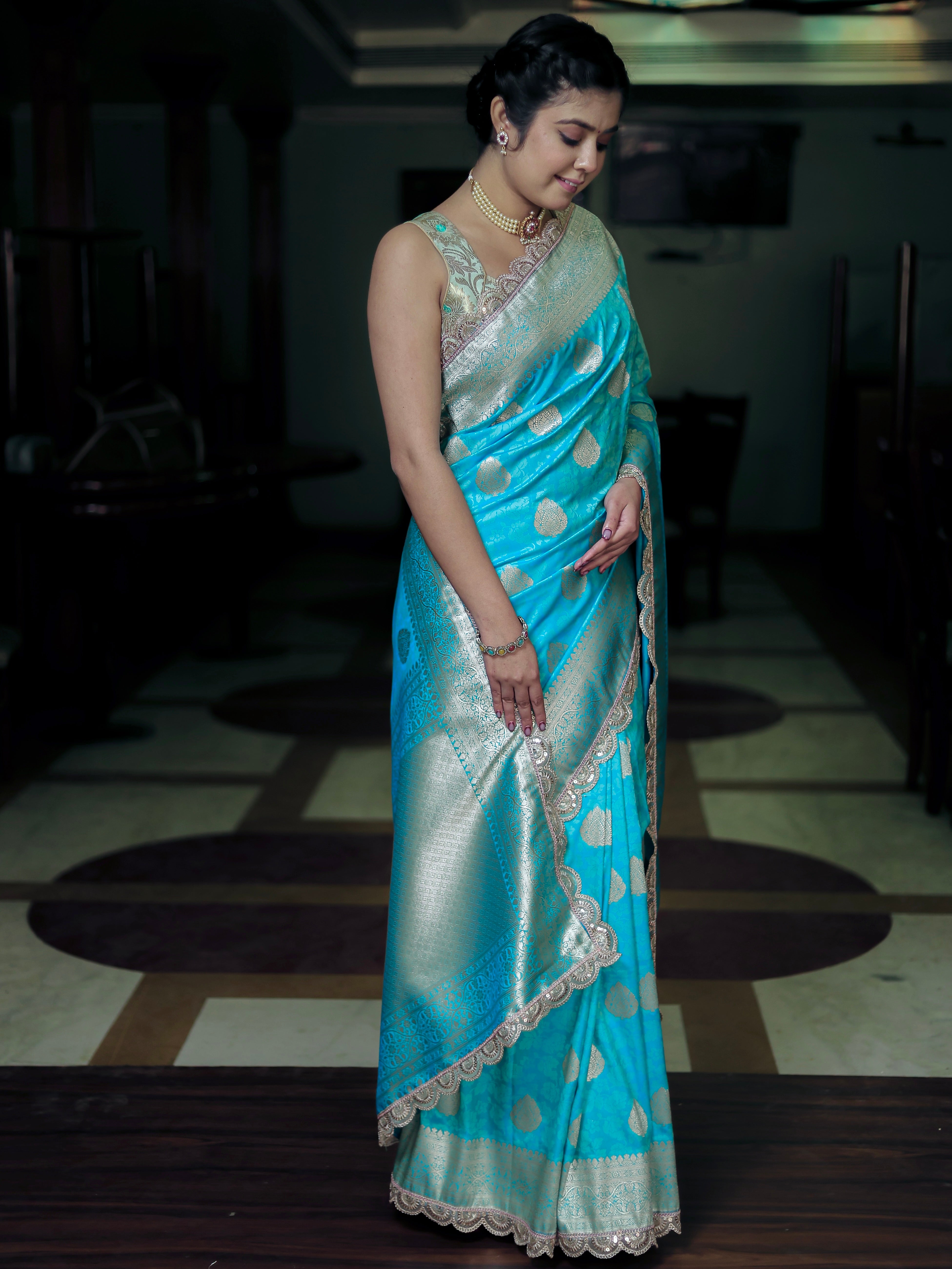 Blue Art Katan Silk Banarasi Saree with Zari Buta & Tanchoi Lace Border