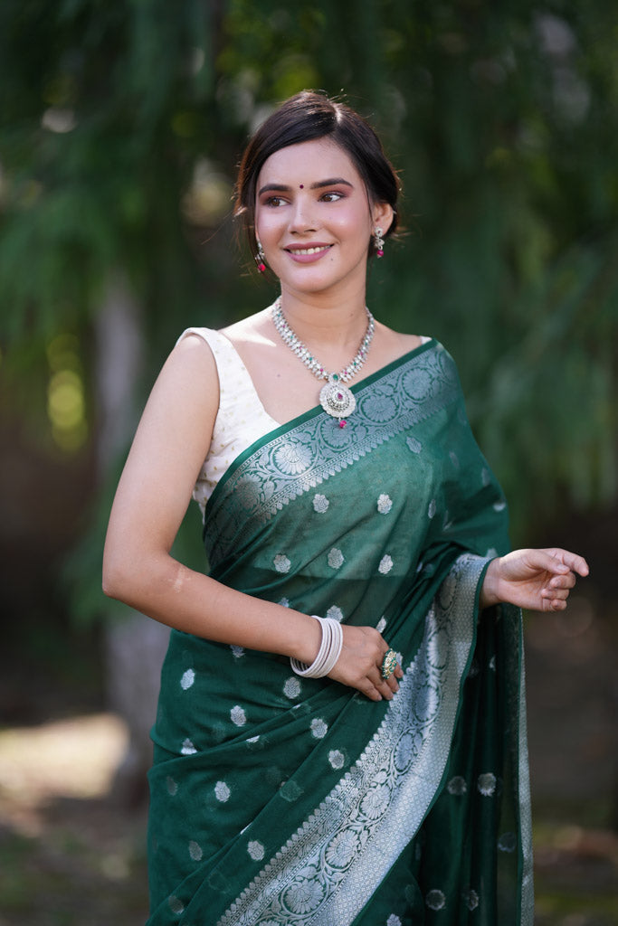 Banarasi Semi Chiffon Saree Silver Zari Buti Weaving-Bottle Green