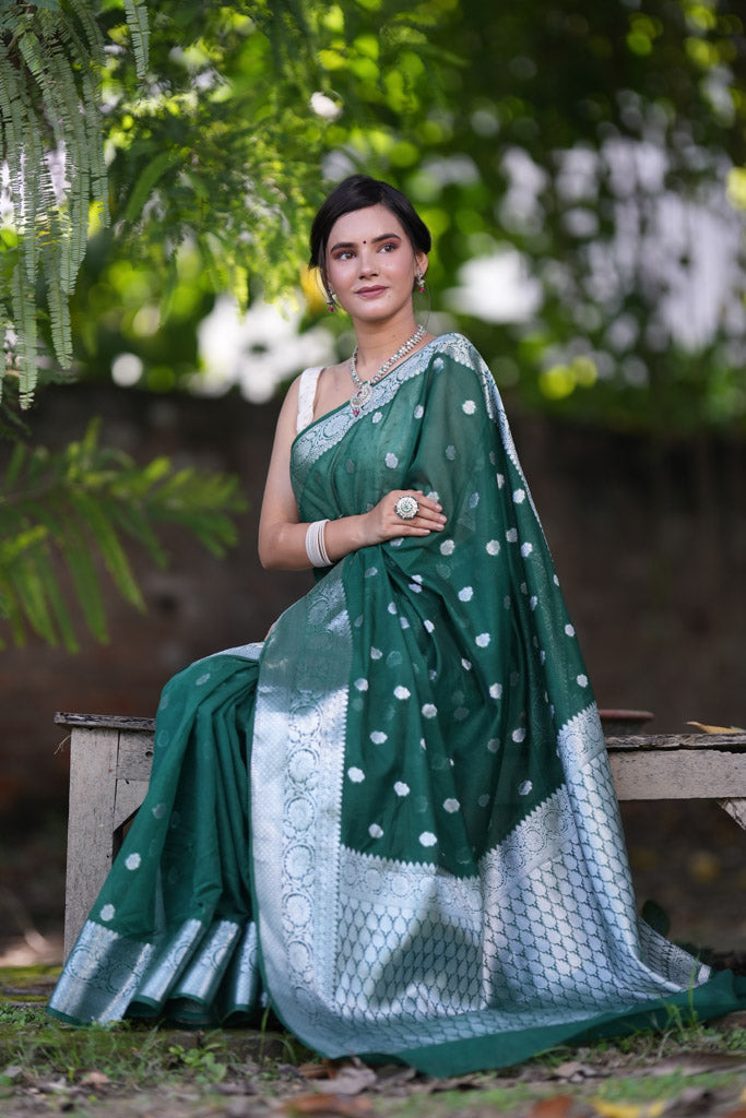 Banarasi Semi Chiffon Saree Silver Zari Buti Weaving-Bottle Green