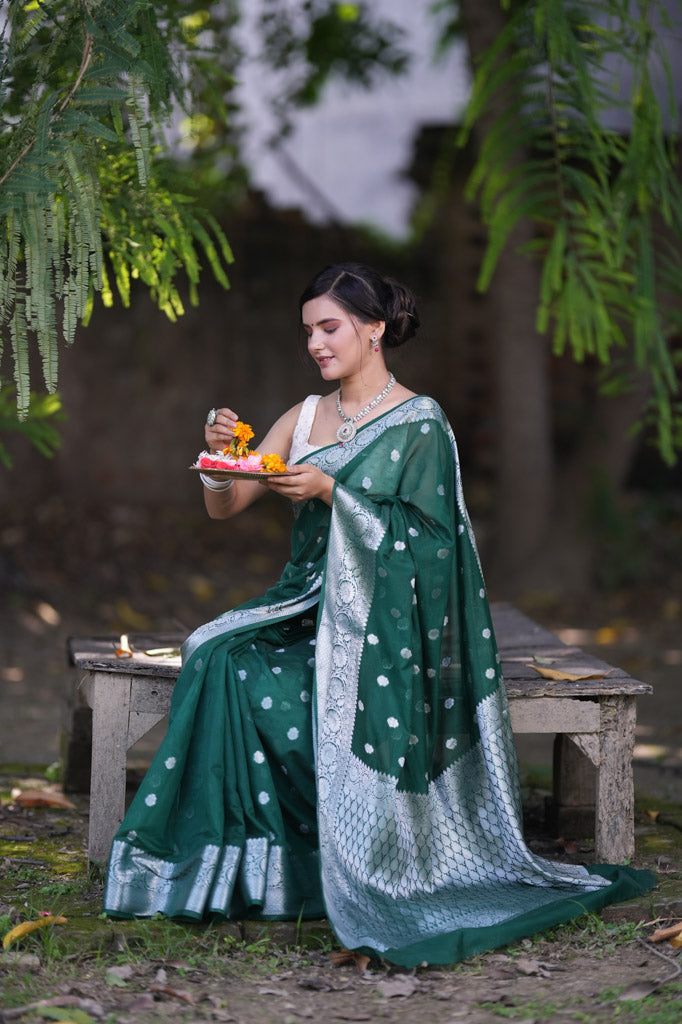 Banarasi Semi Chiffon Saree Silver Zari Buti Weaving-Bottle Green