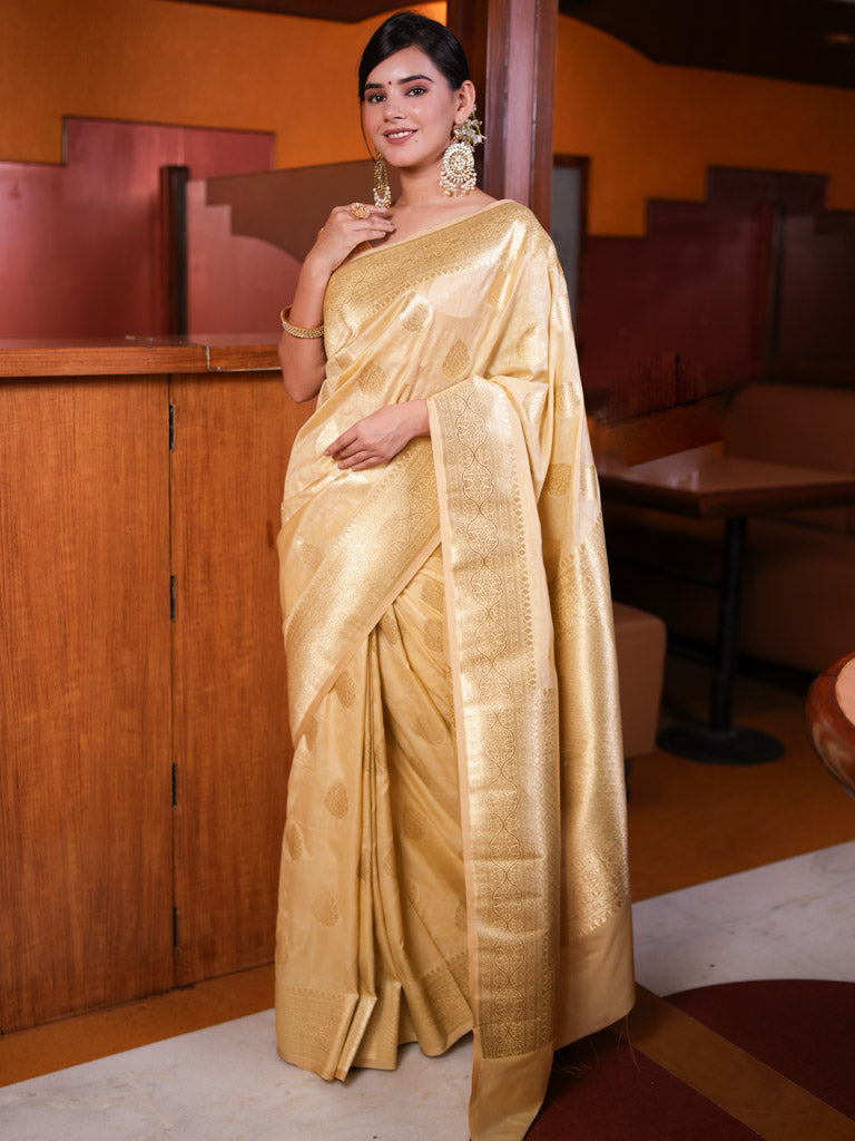 Banarasi Art Katan Silk Saree With Zari Buti Weaving-Beige