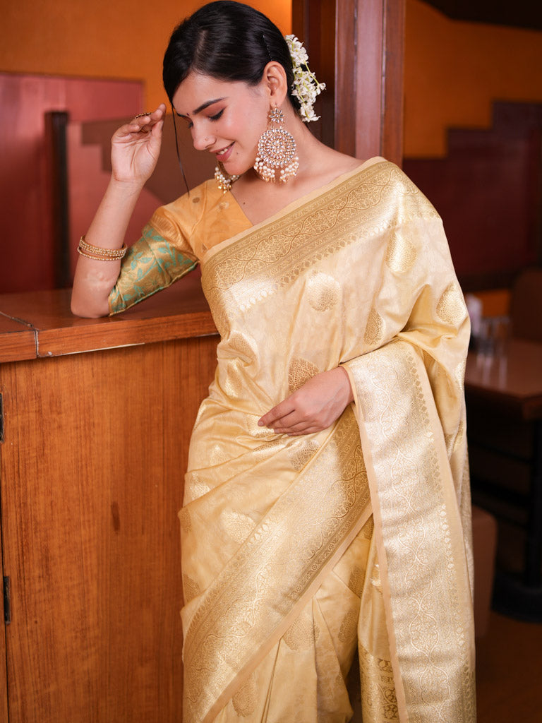 Banarasi Art Katan Silk Saree With Zari Buti Weaving-Beige