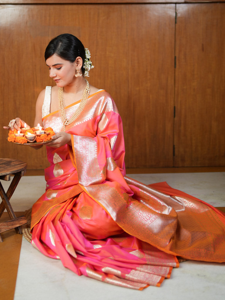 Dual Shade Banarasi Art Katan Silk Saree With Zari Buti Weaving-Pink