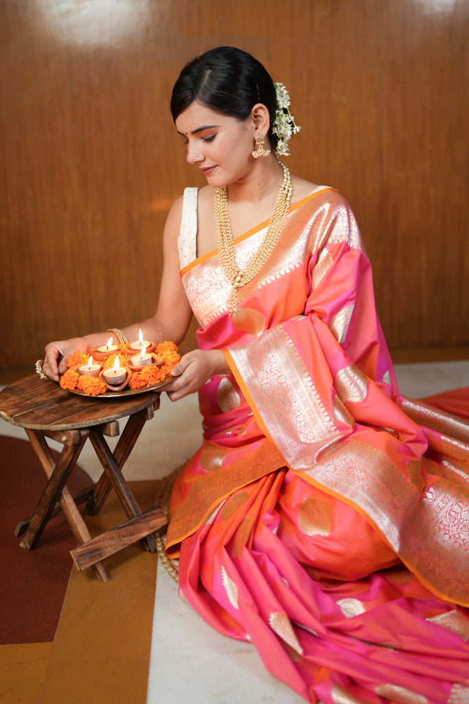 Dual Shade Banarasi Art Katan Silk Saree With Zari Buti Weaving-Pink