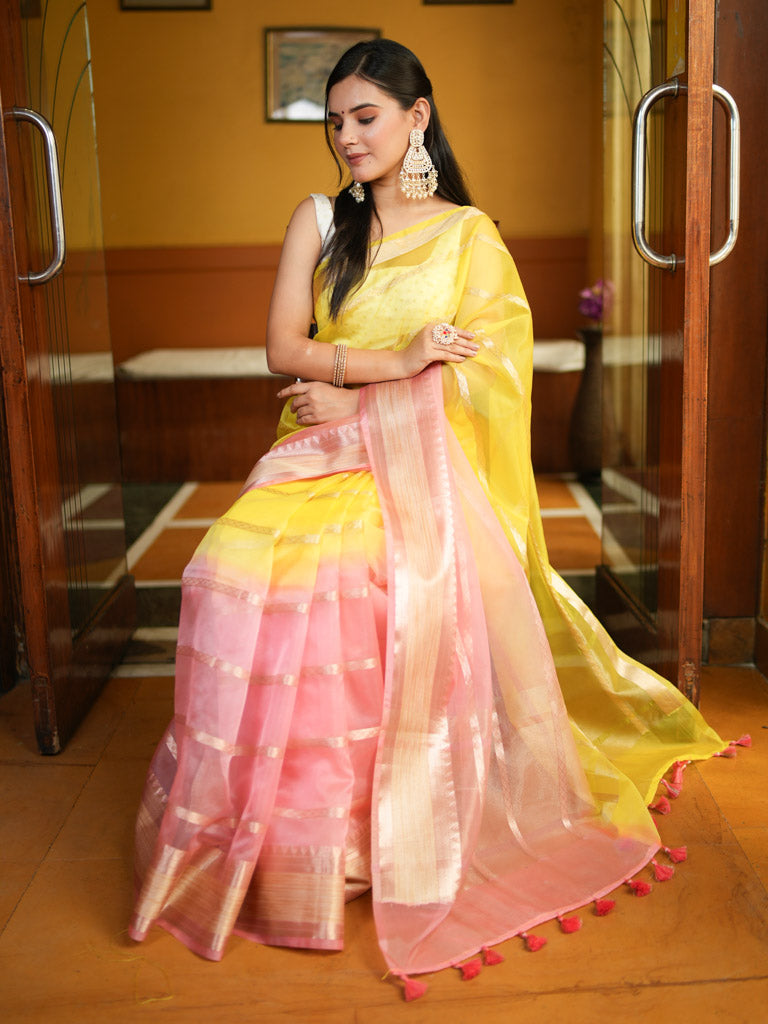 Banarasi Shaded Organza Saree With Zari Weaving-Pink & Yellow