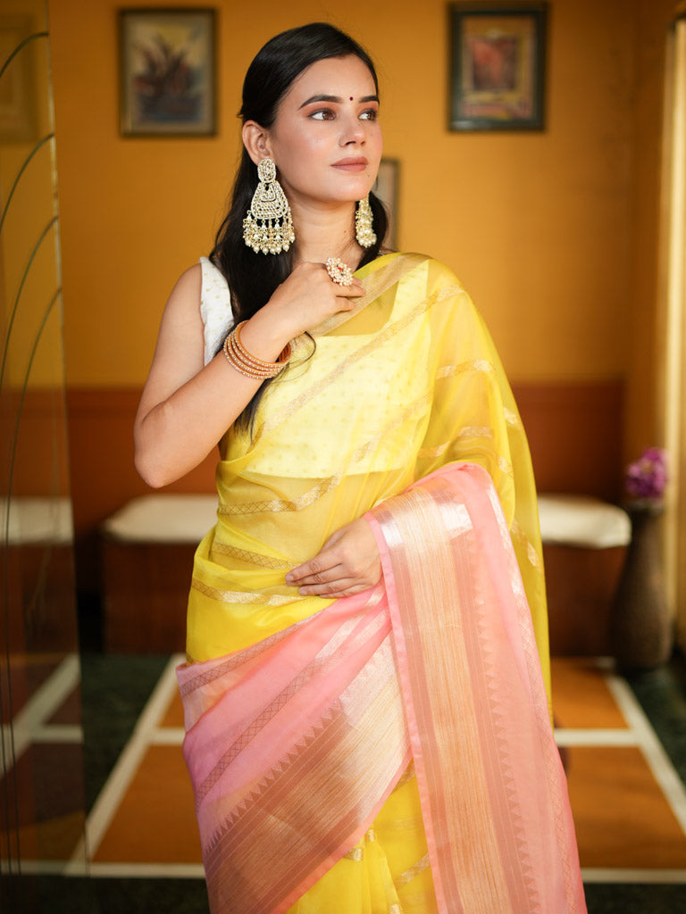 Banarasi Shaded Organza Saree With Zari Weaving-Pink & Yellow