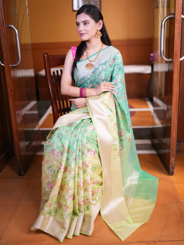 Banarasi Shaded Semi Silk Saree With Heavy Jaal Zari & Meena Weaving-Green