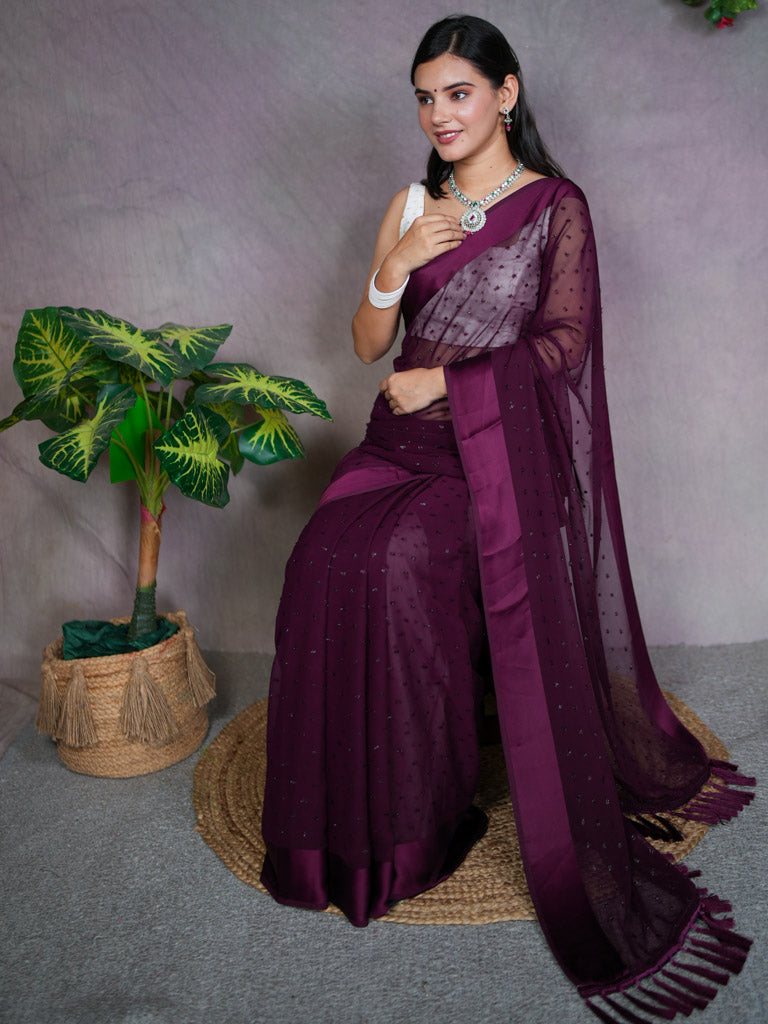 Satin Border Semi Chiffon Saree With Zari Work-Wine