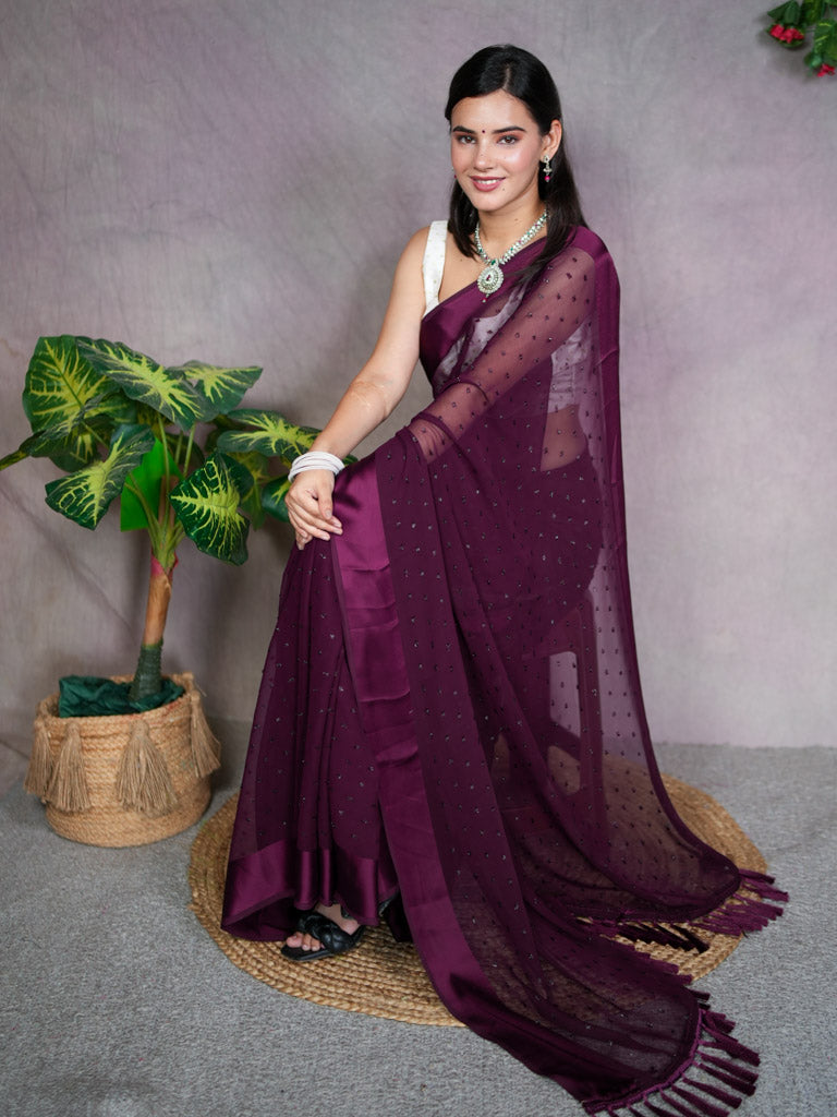Satin Border Semi Chiffon Saree With Zari Work-Wine