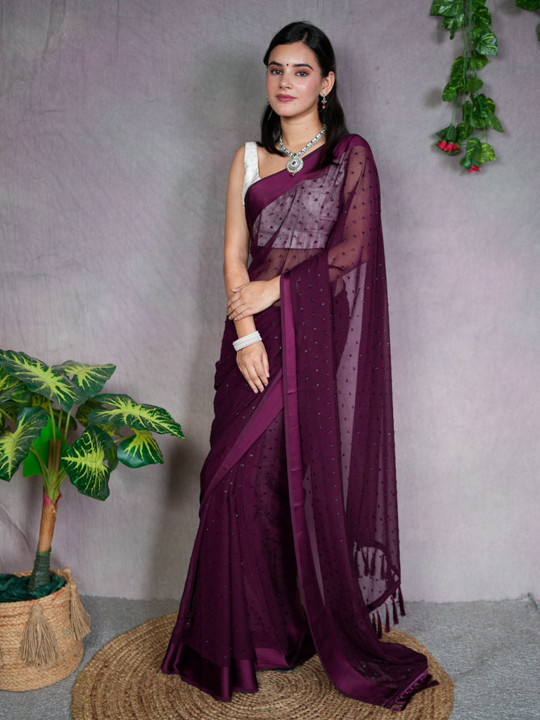 Satin Border Semi Chiffon Saree With Zari Work-Wine