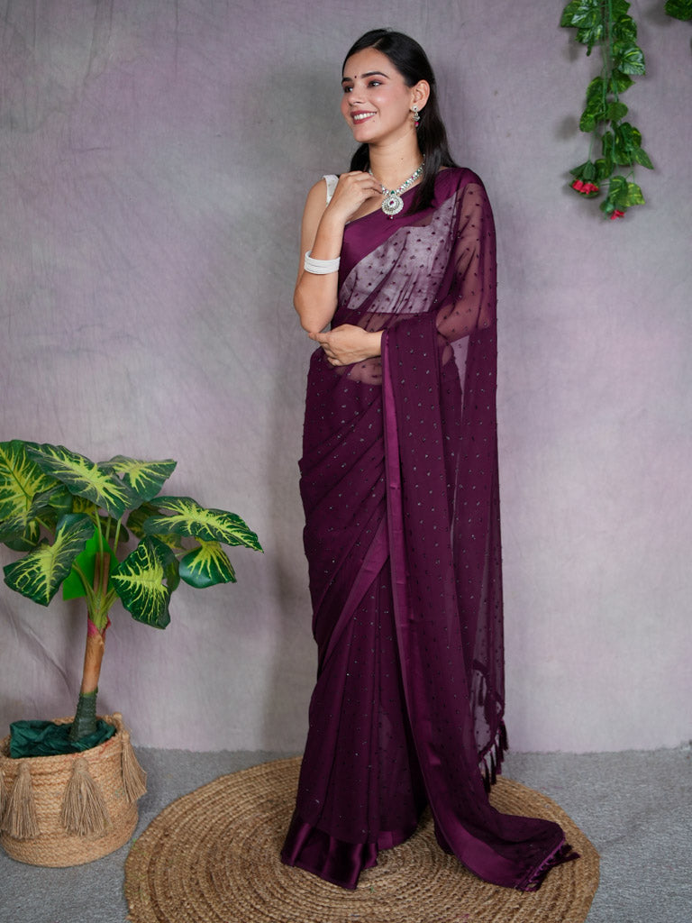 Satin Border Semi Chiffon Saree With Zari Work-Wine