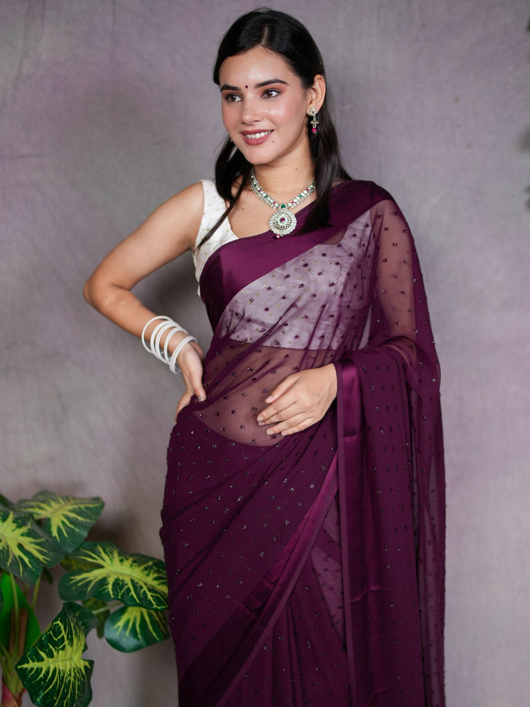 Satin Border Semi Chiffon Saree With Zari Work-Wine