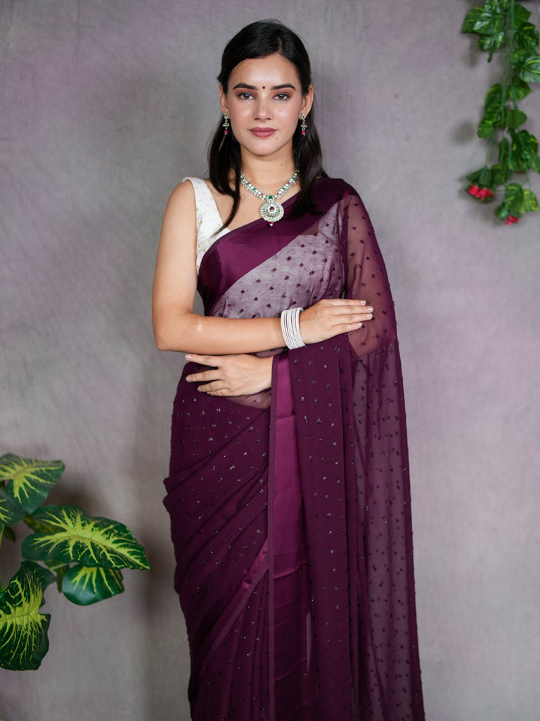 Satin Border Semi Chiffon Saree With Zari Work-Wine