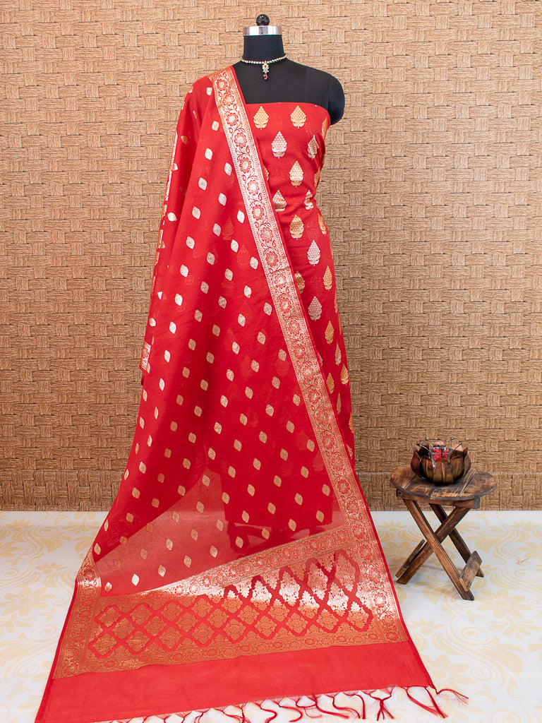 Banarasi Pure Cotton Silk Salwar Kameez Material With Silver Zari Weaving-Red
