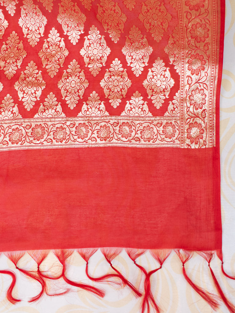 Banarasi Pure Cotton Silk Salwar Kameez Material With Silver Zari Weaving-Red